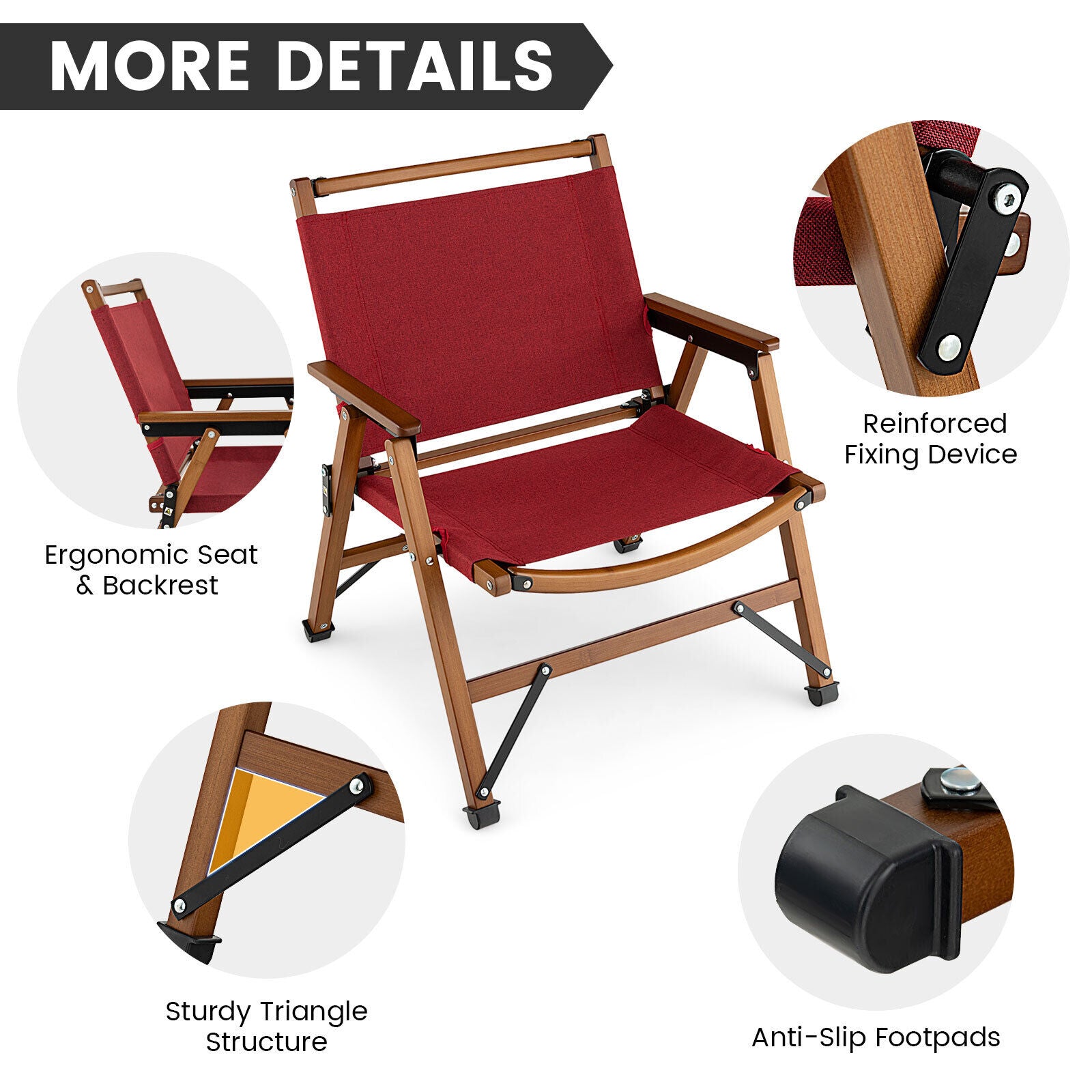 SUGIFT Patio Folding Camping Beach Chair with Solid Bamboo Frame