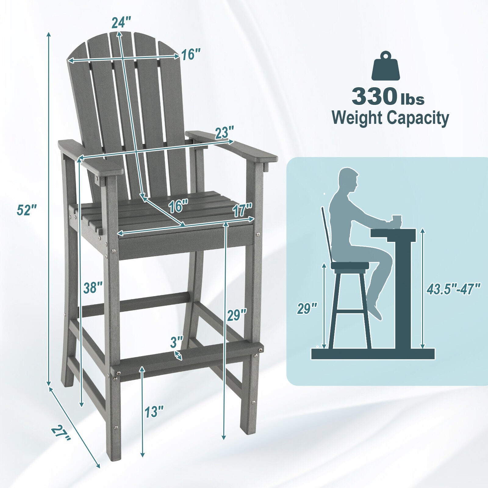 30 Inches Counter Height Outdoor HDPE Bar Stool with Armrests and Footrest