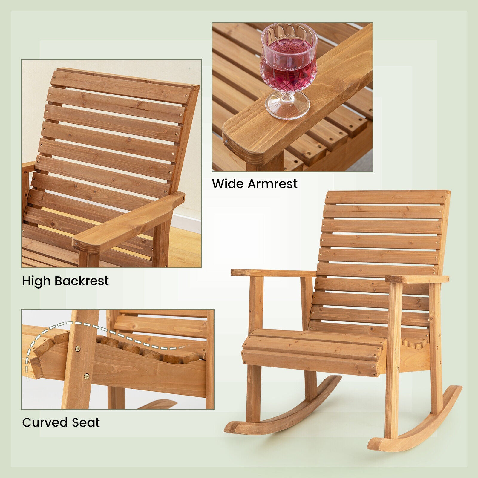 SUGIFT Outdoor Fir Wood Rocking Chair with High Backrest
