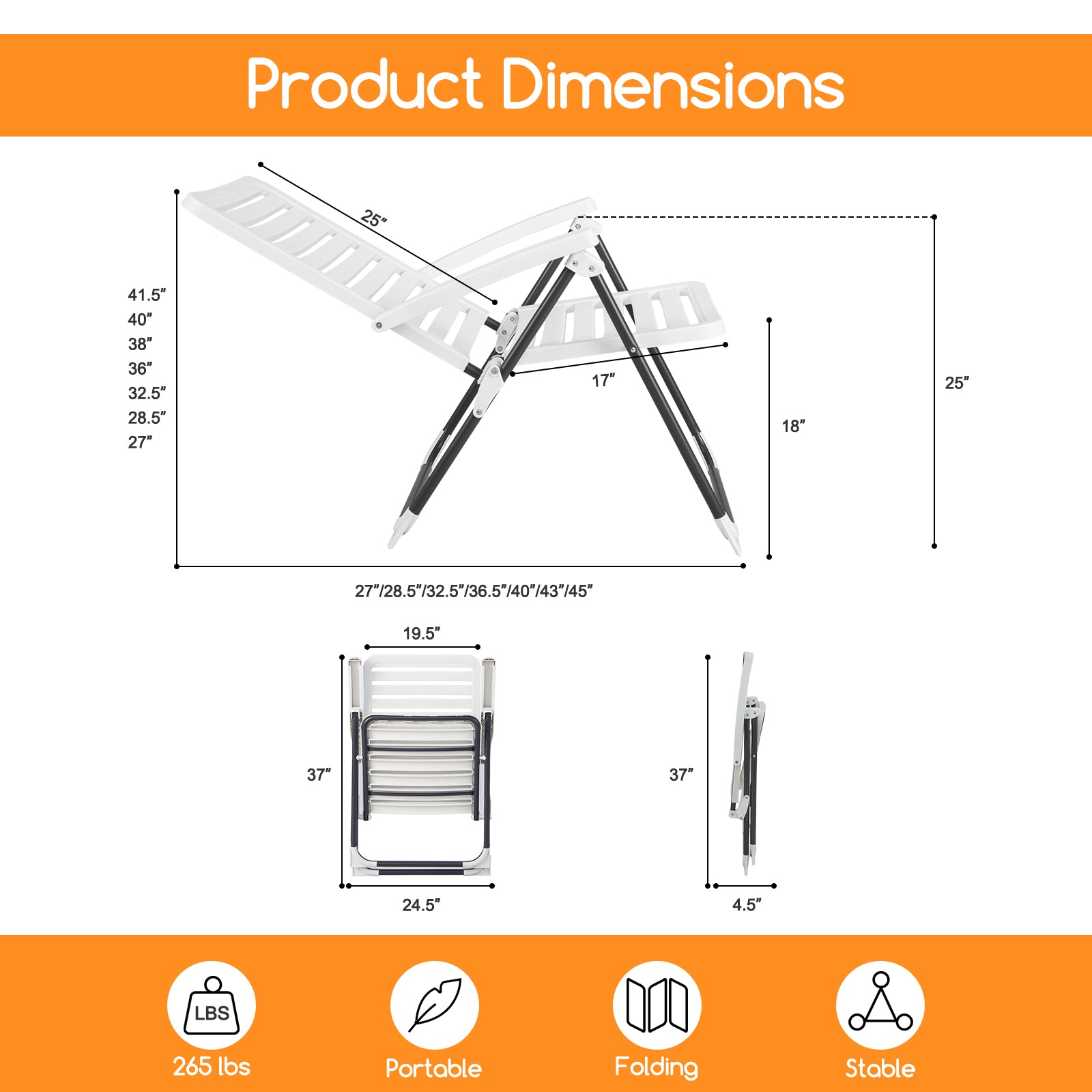 SUGIFT PP Folding Patio Chaise Lounger with 7-Level Backrest