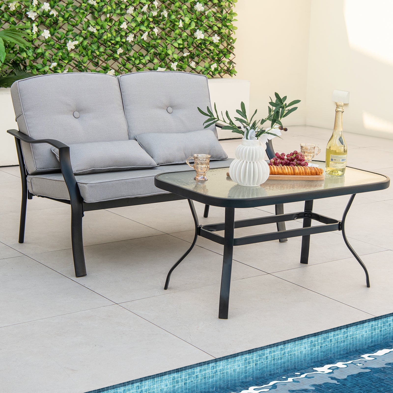 SUGIFT Outdoor Loveseat Chair Set with Tempered Glass Coffee Table