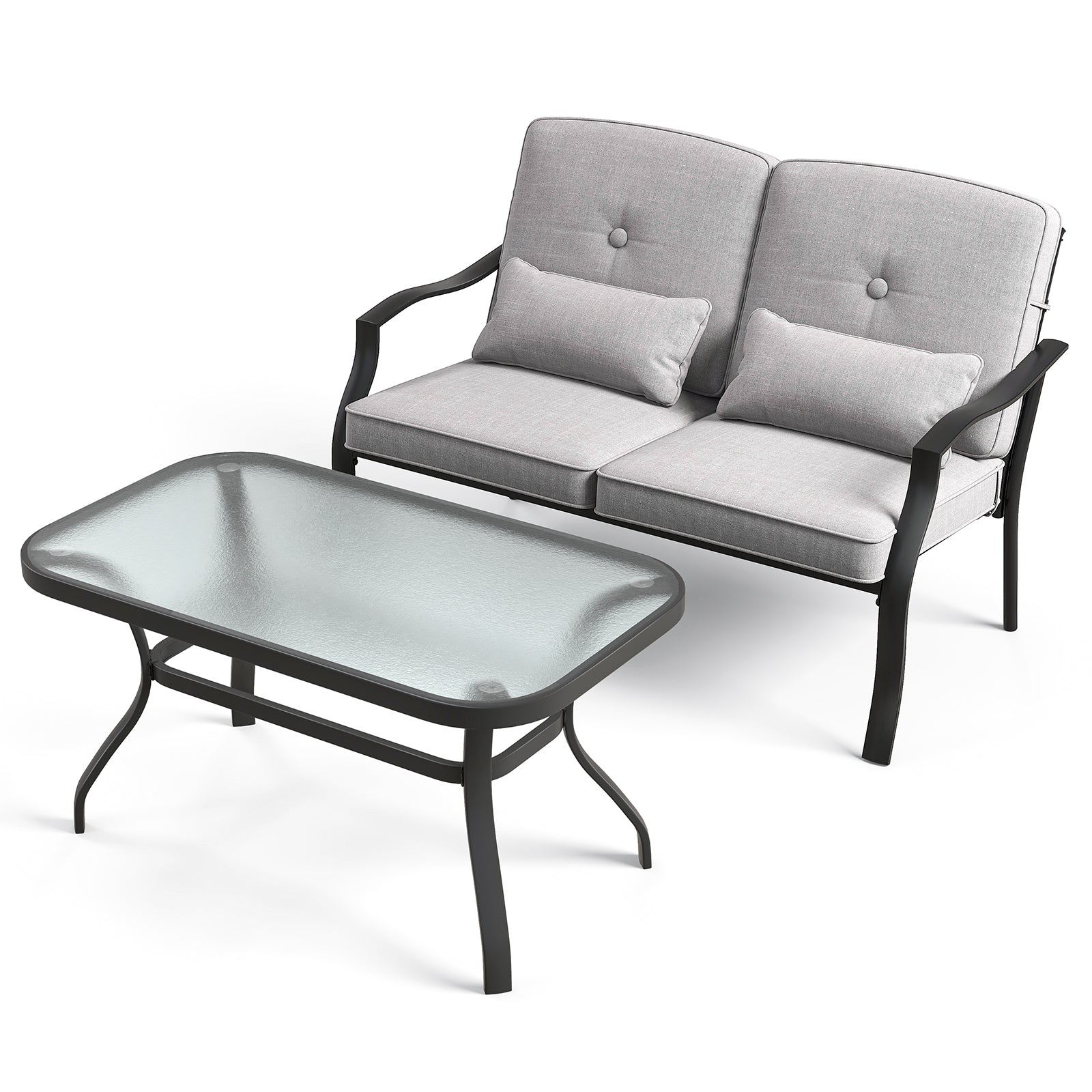 SUGIFT Outdoor Loveseat Chair Set with Tempered Glass Coffee Table