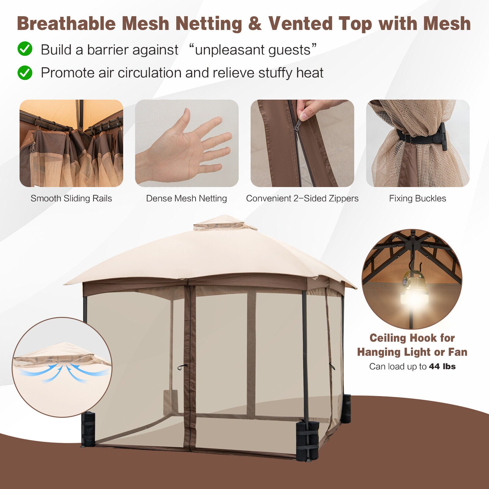 10 X 10 Feet Patio Double-Vent Gazebo with Privacy Netting and 4 Sandbags-Khaki