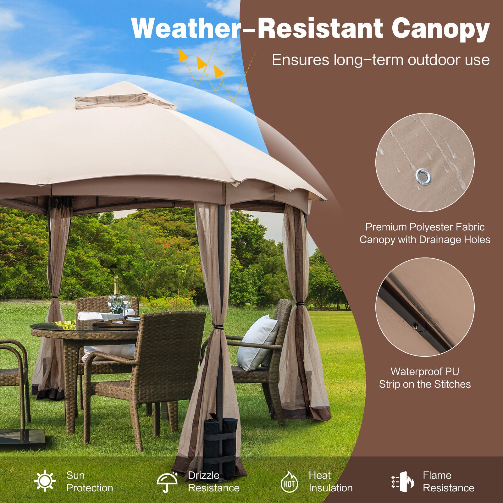 10 X 10 Feet Patio Double-Vent Gazebo with Privacy Netting and 4 Sandbags-Khaki