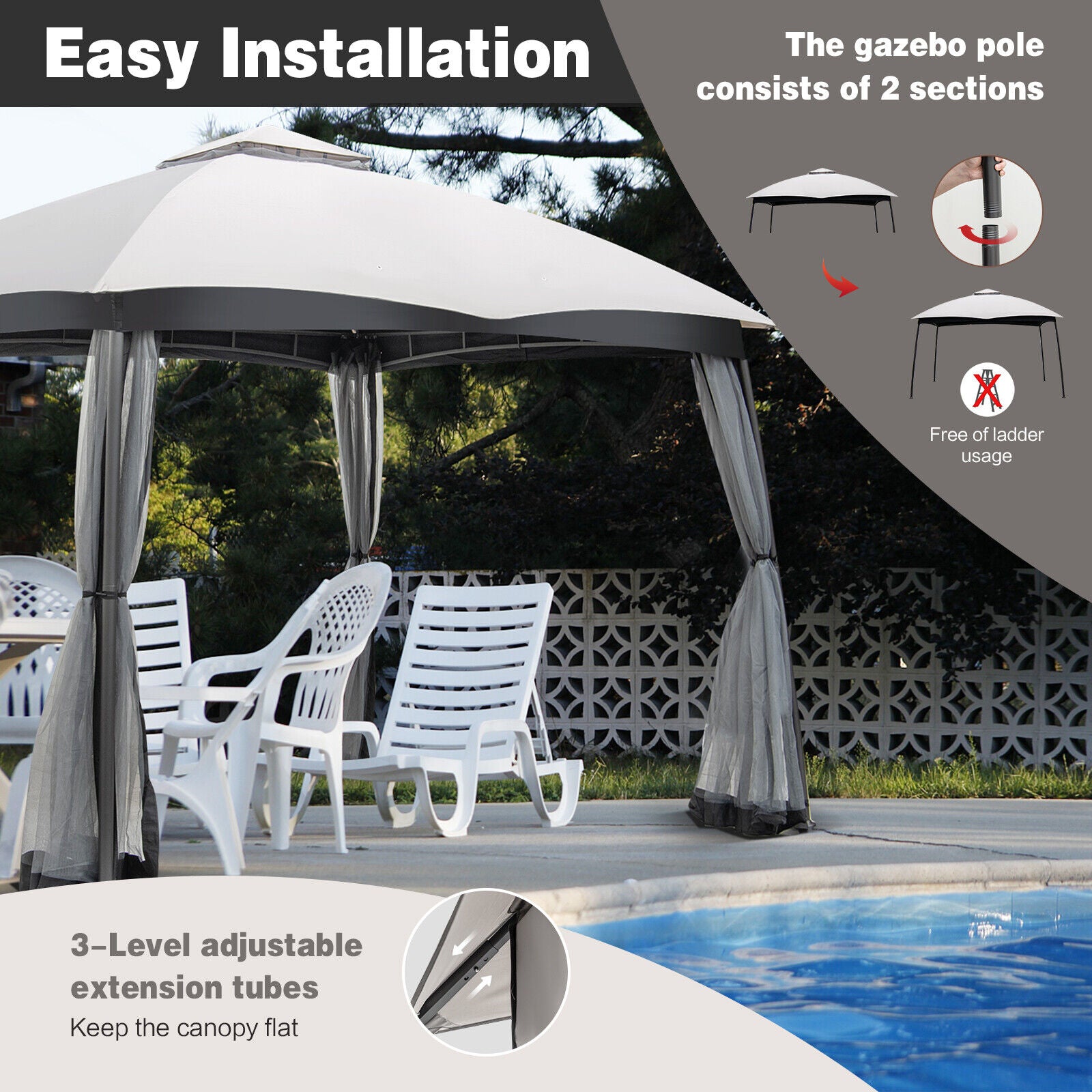 10 x 12 Feet Patio Double-Vent Canopy with Privacy Netting and 4 Sandbags-Gray