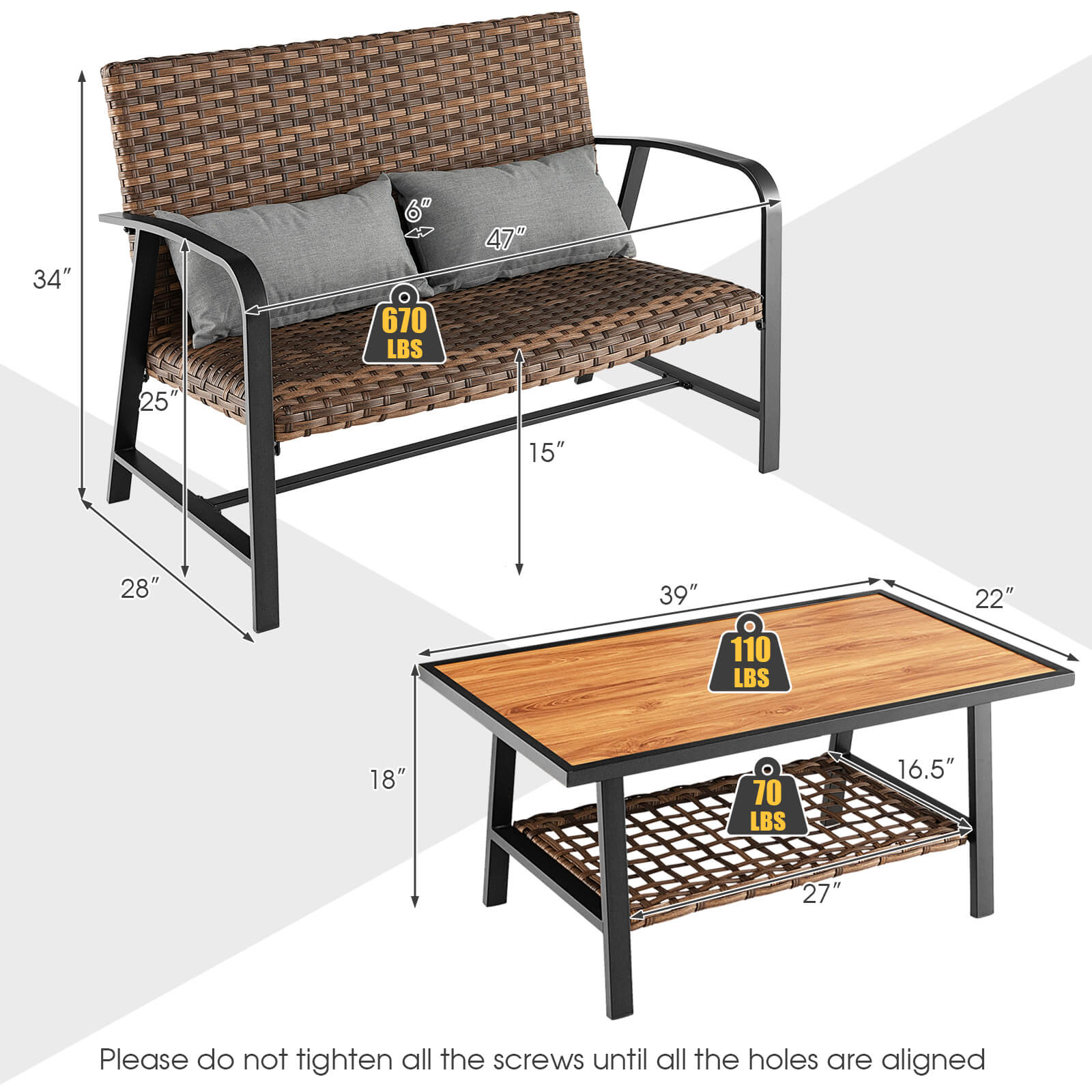 SUGIFT 2 Pieces Patio Rattan Coffee Table Set with Shelf and Quick Dry Cushion