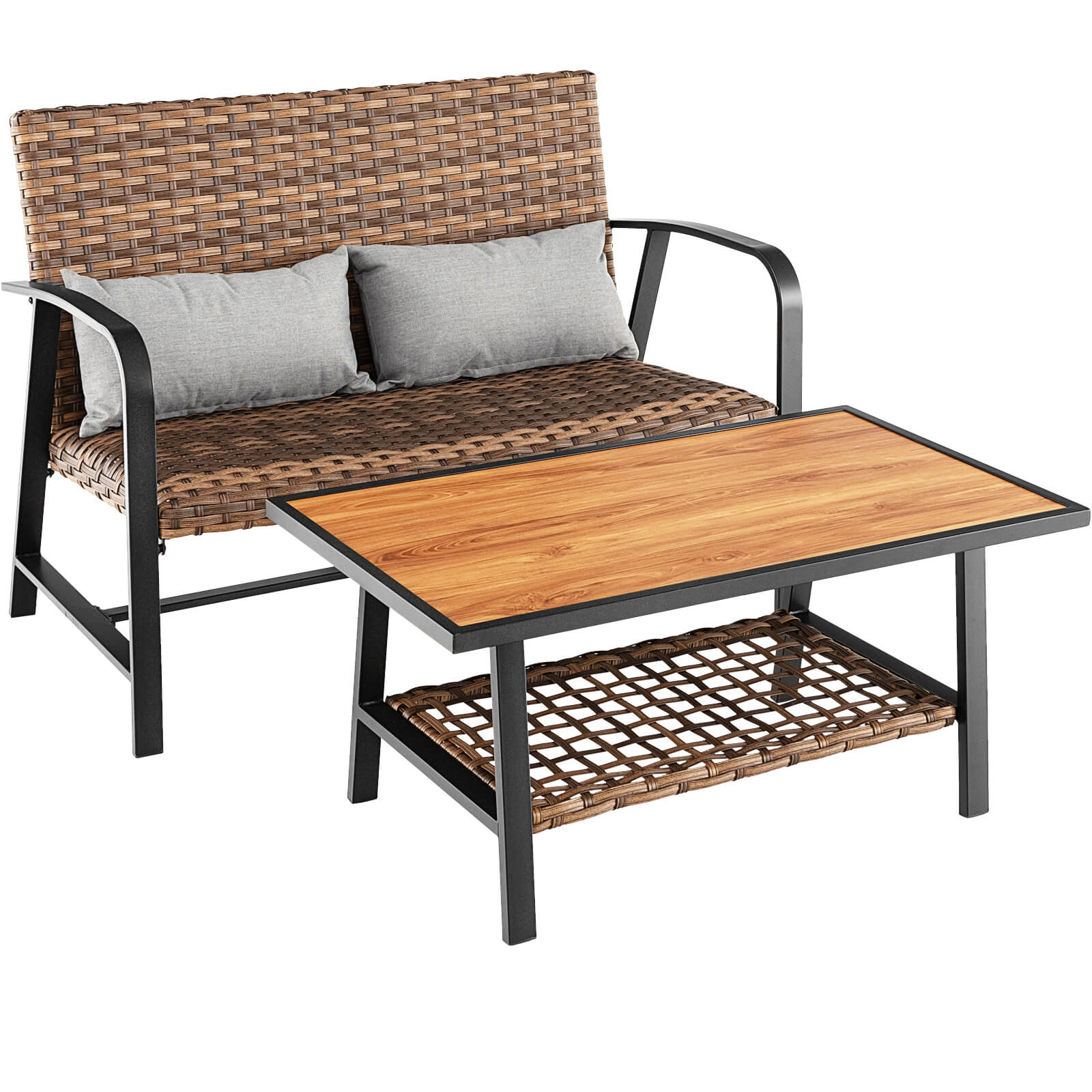 SUGIFT 2 Pieces Patio Rattan Coffee Table Set with Shelf and Quick Dry Cushion