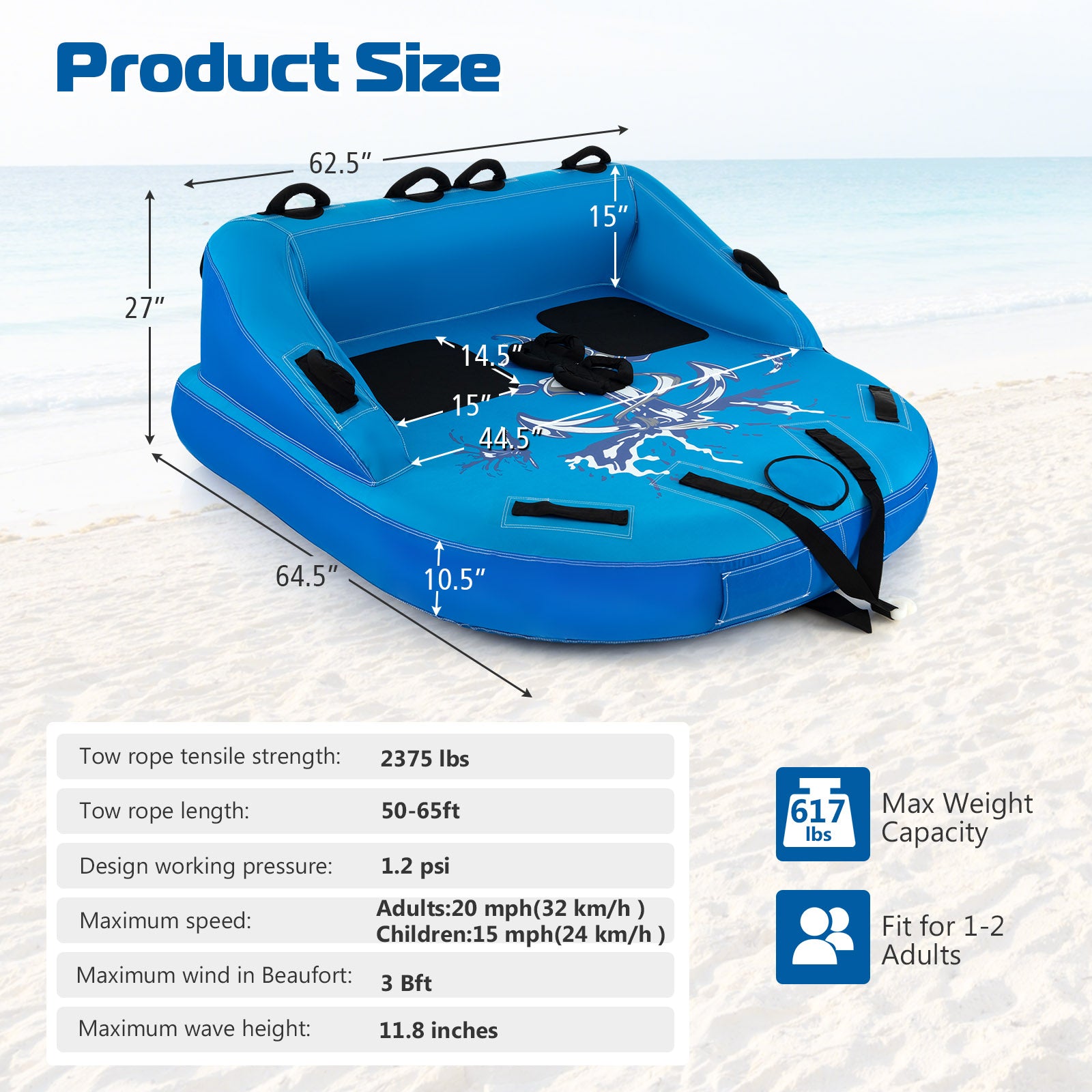 2 Person Water Sport Inflatable Towable Tubes for Boating-Blue