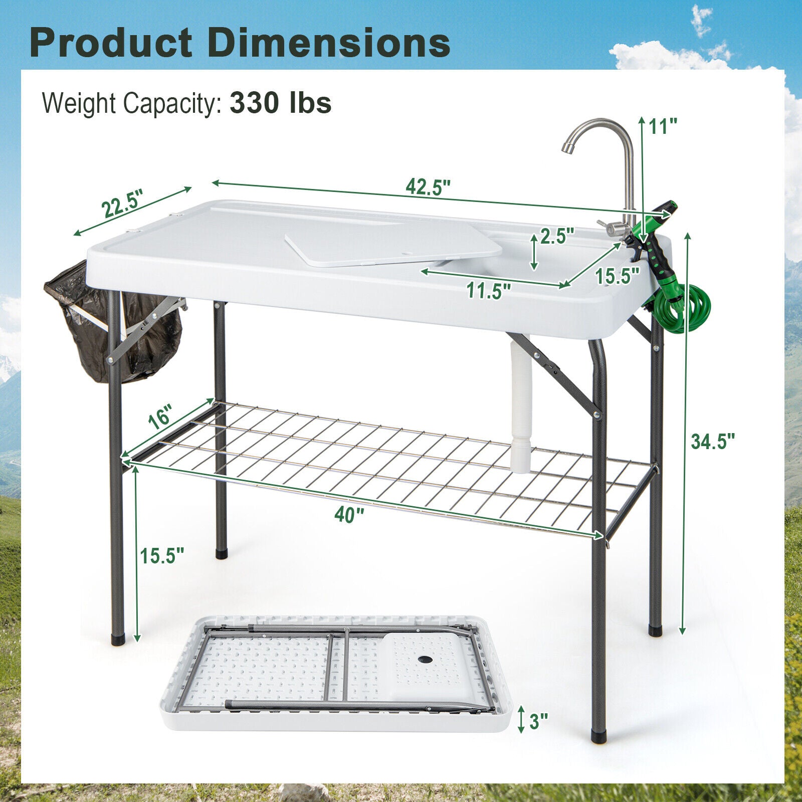SUGIFT Portable Camping Fish Cleaning Table with Grid Rack and Faucet