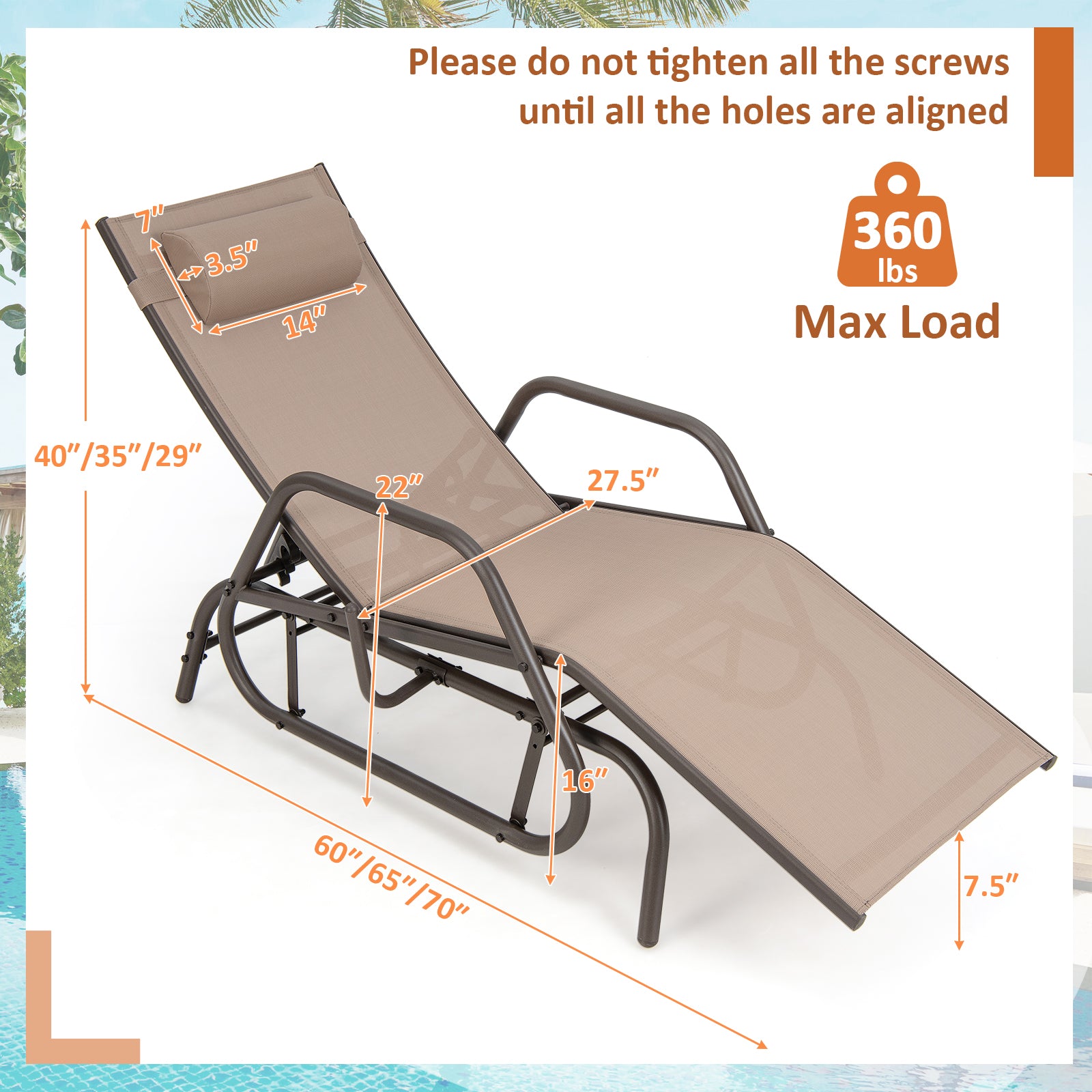 SUGIFT Outdoor Chaise Lounge Glider Chair with Armrests and Pillow