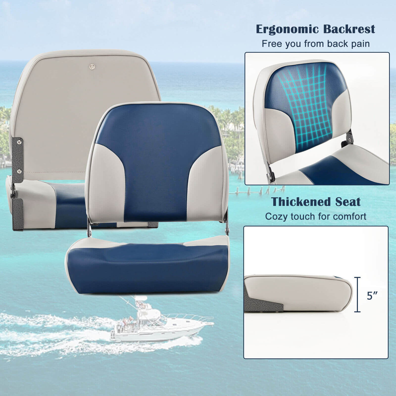 2 Pieces Low Back Boat Seat Set with Sponge Padding and Aluminum Hinges