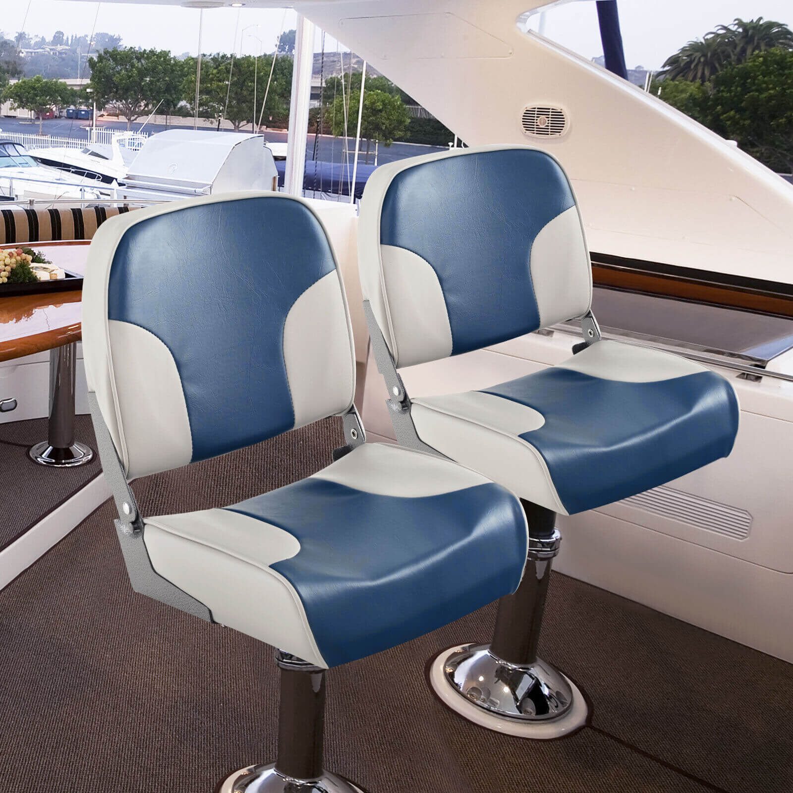 2 Pieces Low Back Boat Seat Set with Sponge Padding and Aluminum Hinges