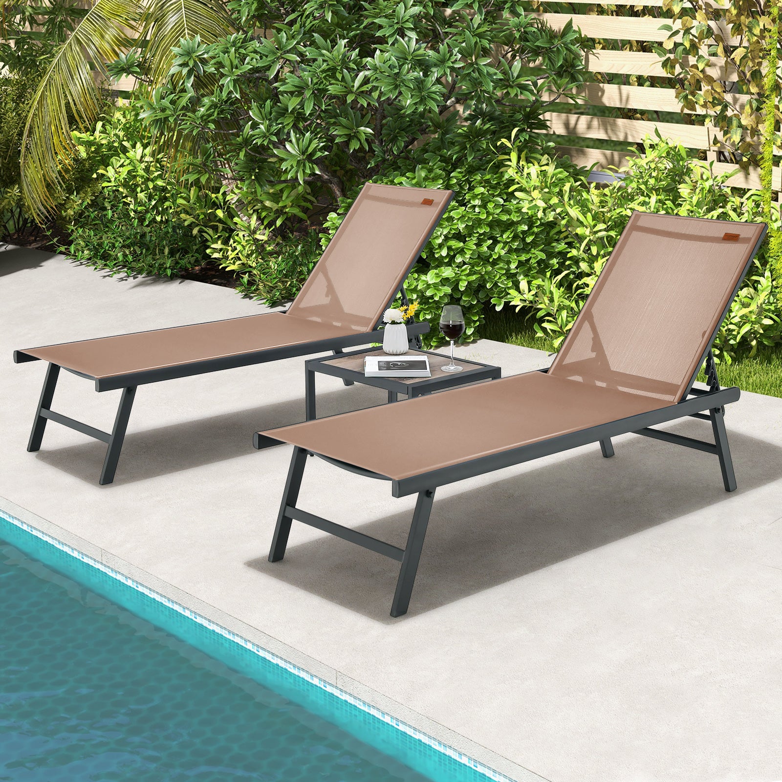 3 Pieces Patio Chaise Lounge Chair and Table Set for Poolside Yard