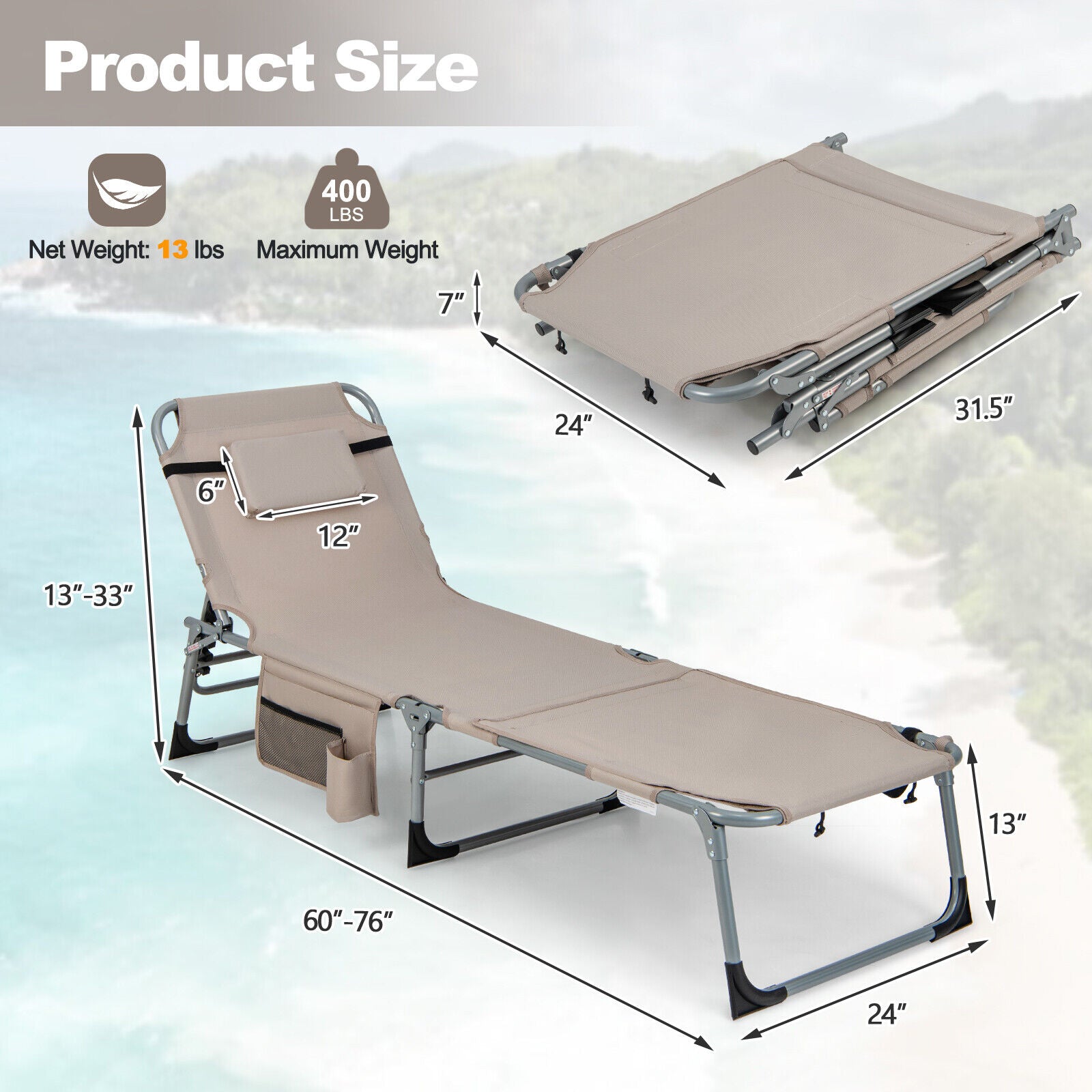 SUGIFT 5-position Outdoor Folding Chaise Lounge Chair
