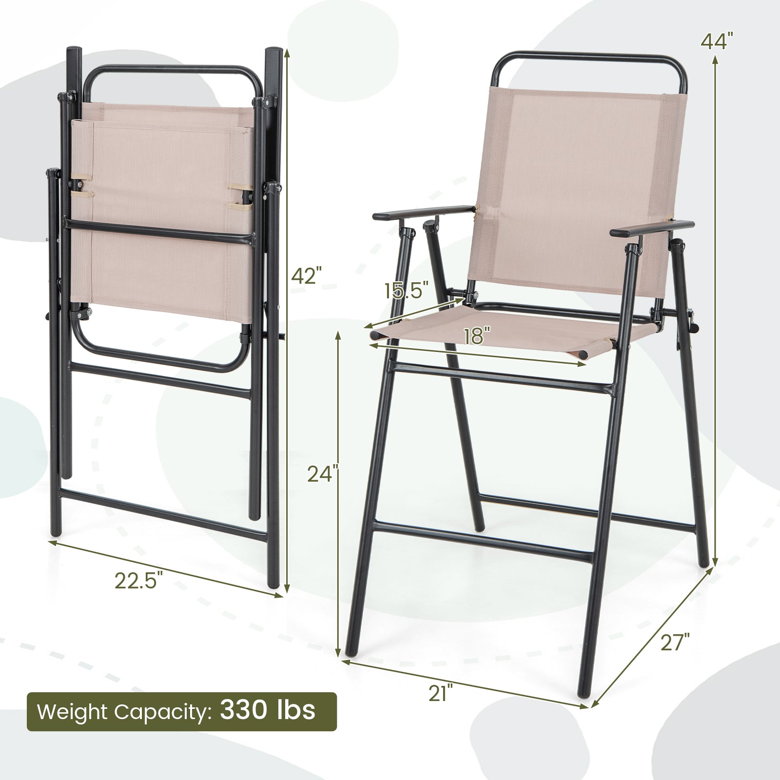SUGIFT Set of 2 Patio Folding Bar-Height Chairs with Armrests and Quick-Drying Seat