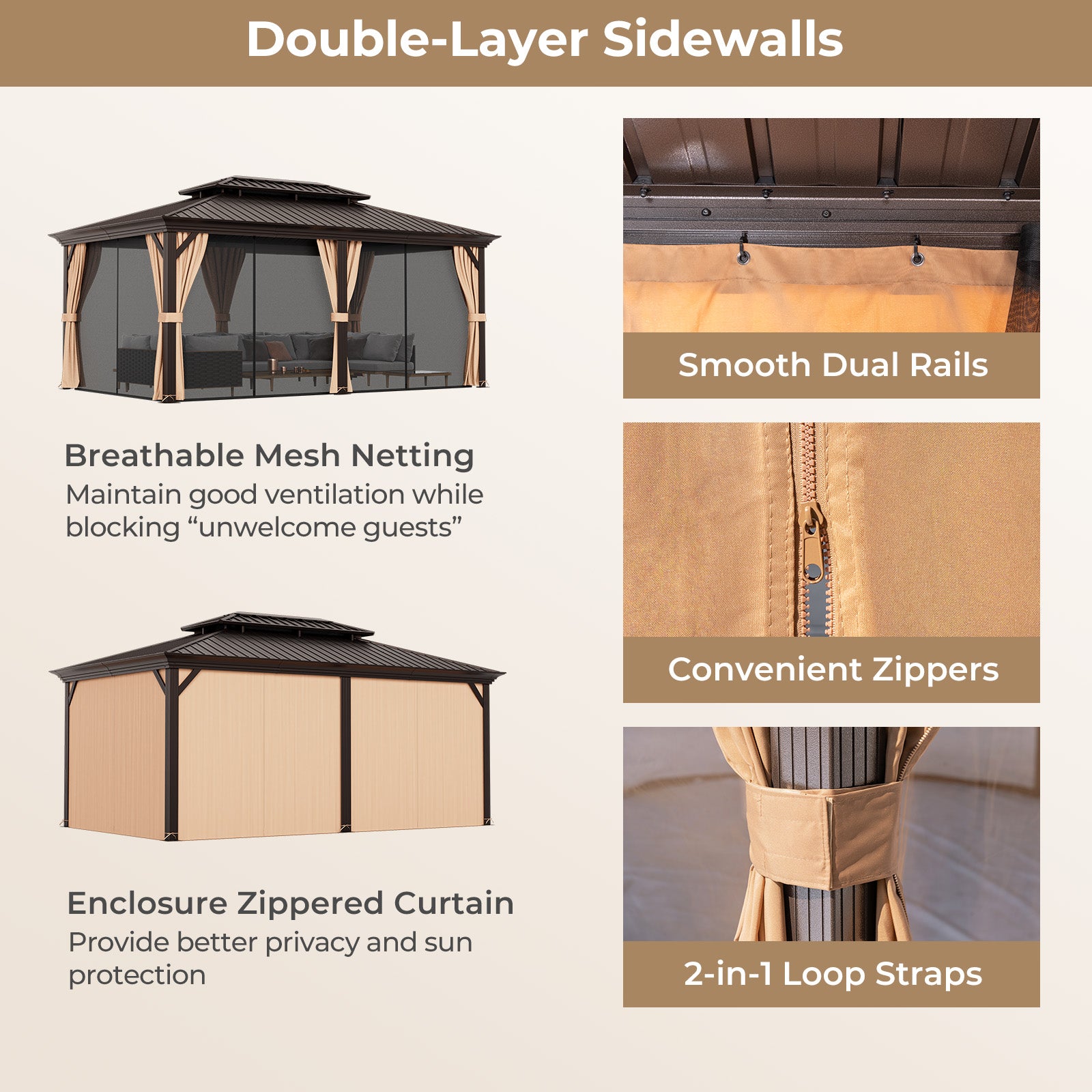 12' x 20' Double-Roof Hardtop Gazebo with Galvanized Steel Roof-Coffee