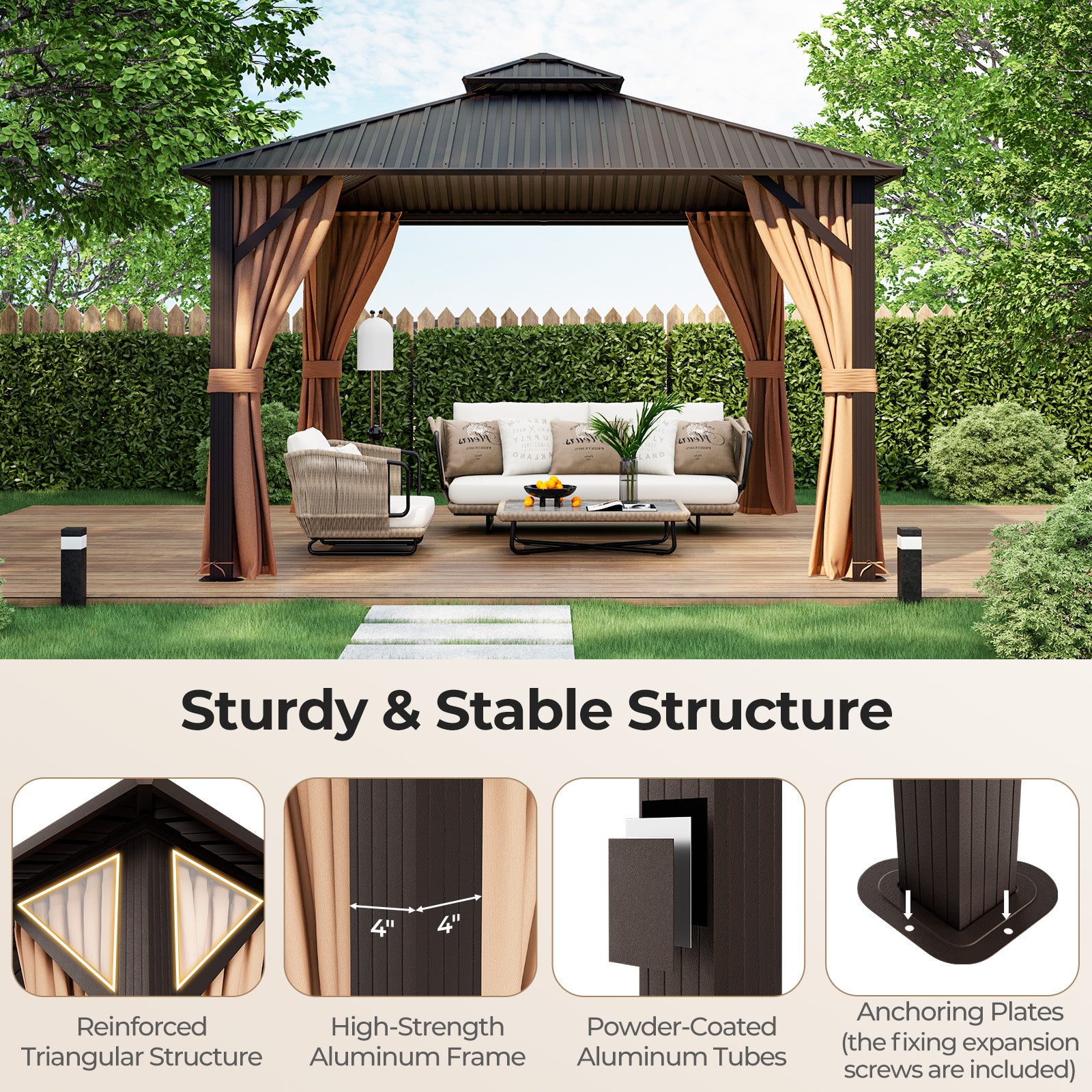 12 x 12 Feet Double-Roof Patio Hardtop Gazebo with Galvanized Steel Roof Netting and Curtains-Coffee