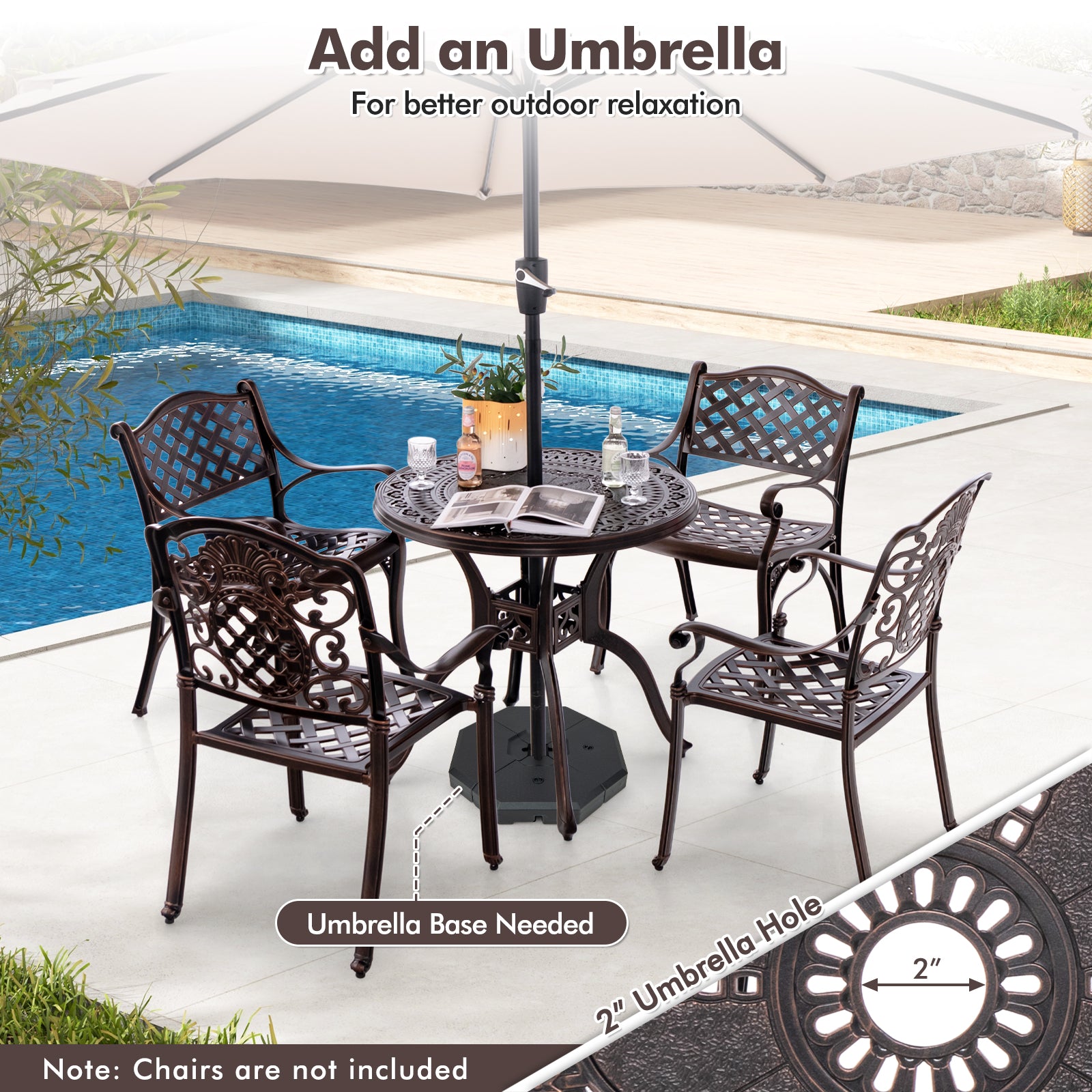 31.5 Inch Cast Aluminum Table Patio Round Dining Table with Umbrella Hole