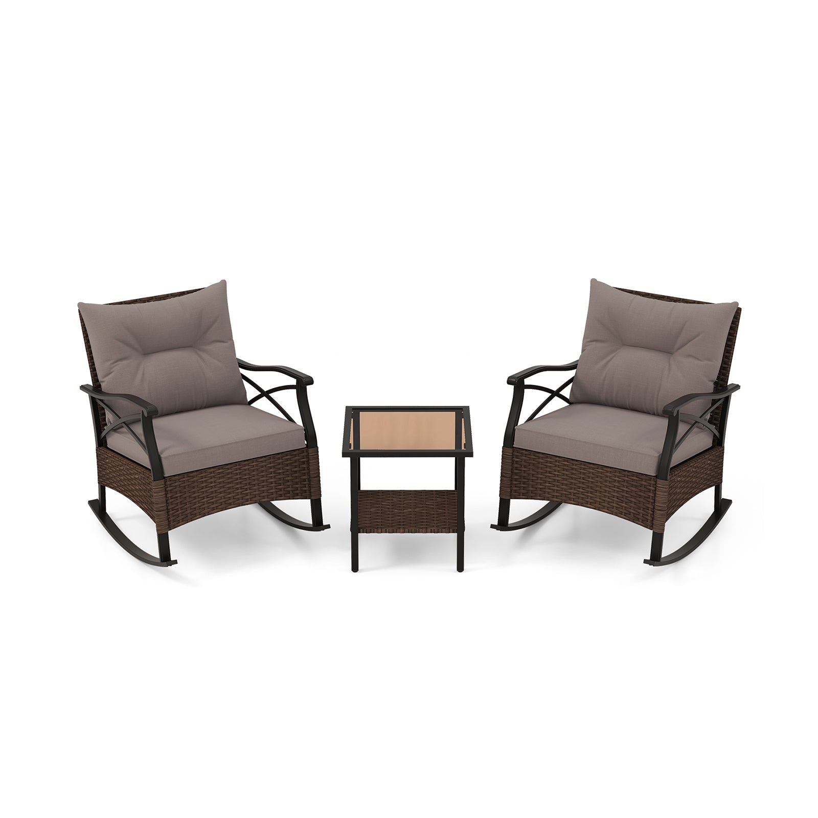3 Pieces Outdoor Rattan Rocking Chairs Set with? 2-Tier Side Table