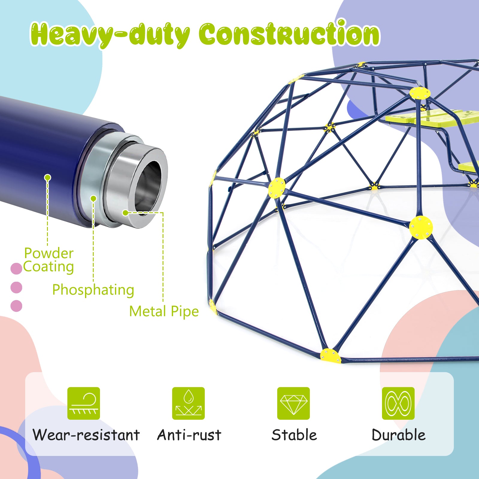 13.3 FT Climbing Dome Geometric Dome Climber with Extended Wavy Slide and 2 Rest Platforms-Multicolor