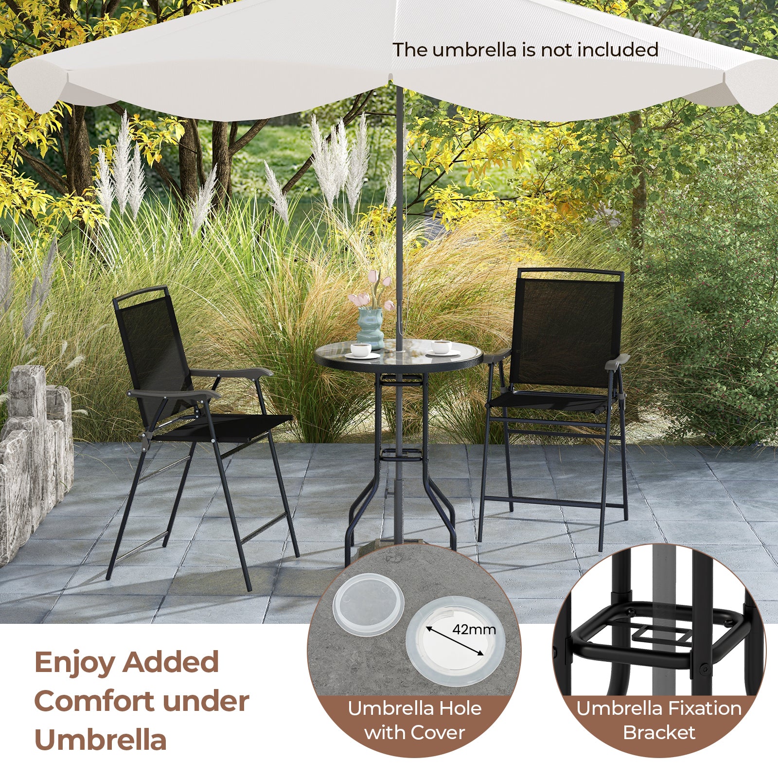 3 Pieces Outdoor Bar Stool Set with DPC Tabletop and Umbrella Hole for Poolside-Black