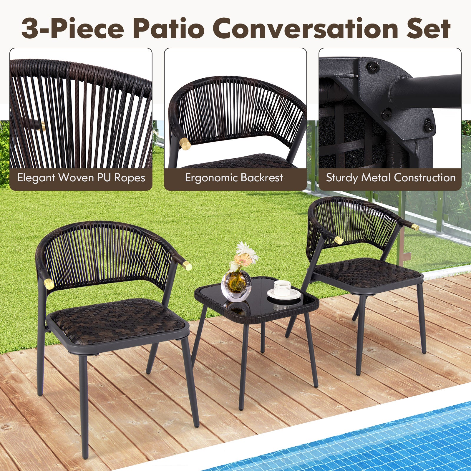 3 Pieces Patio Rattan Furniture Set for Backyard Poolside-Brown and Black