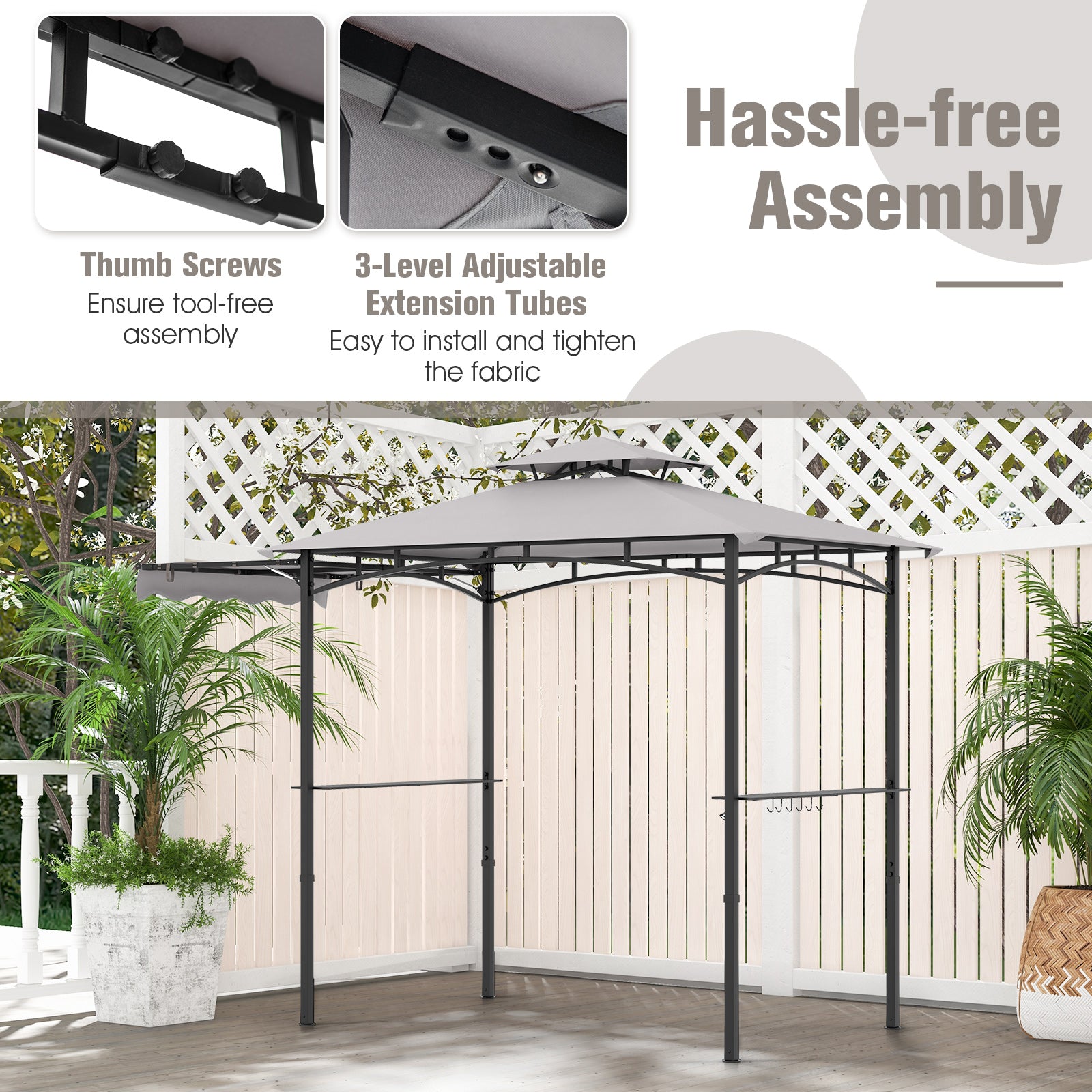 10.5 x 5 FT Grill Gazebo with Side Awning and Double-Tiered Top-Gray