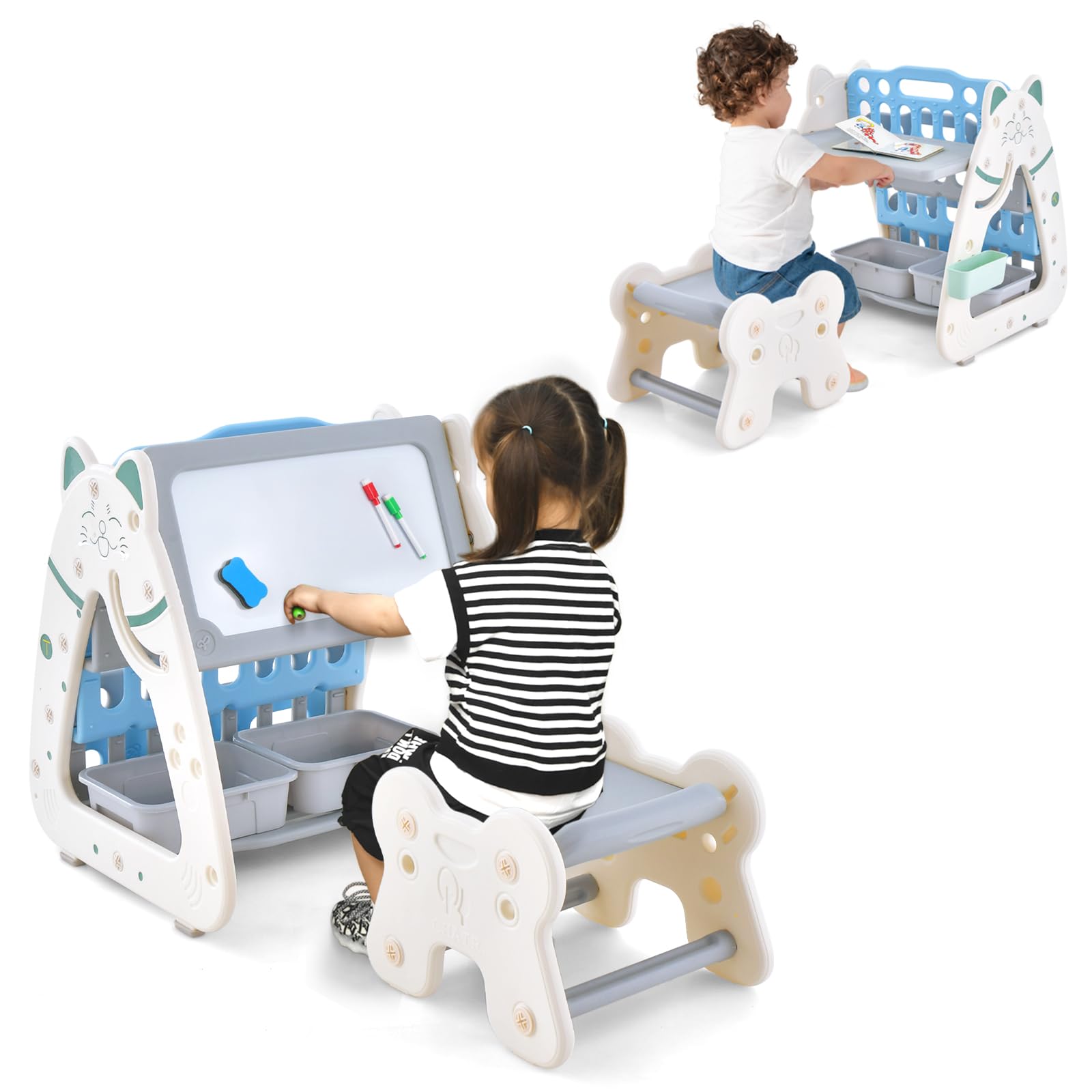 3-In-1 Double Sided Magnetic Dry-Erase Board with Stool and Flipped Writing Desktop