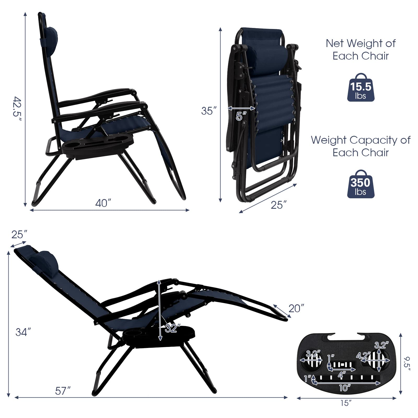SUGIFT 2 Pieces Folding Lounge Chair with Zero Gravity