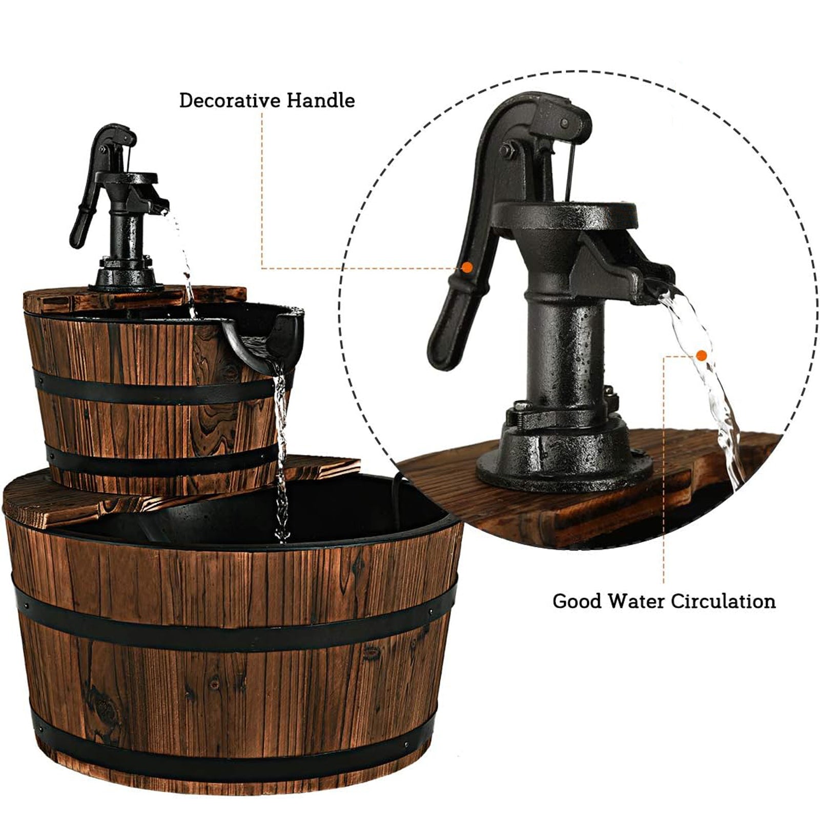2-Tiers Outdoor Wooden Barrel Waterfall Fountain with Pump