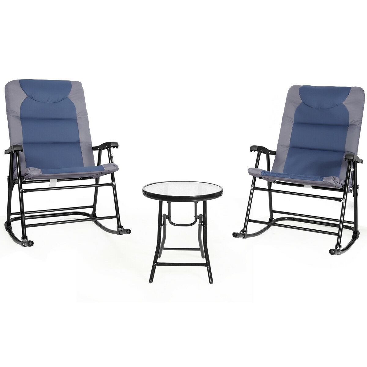 SUGIFT 3 Pieces Outdoor Folding Rocking Chair Table Set with Cushion
