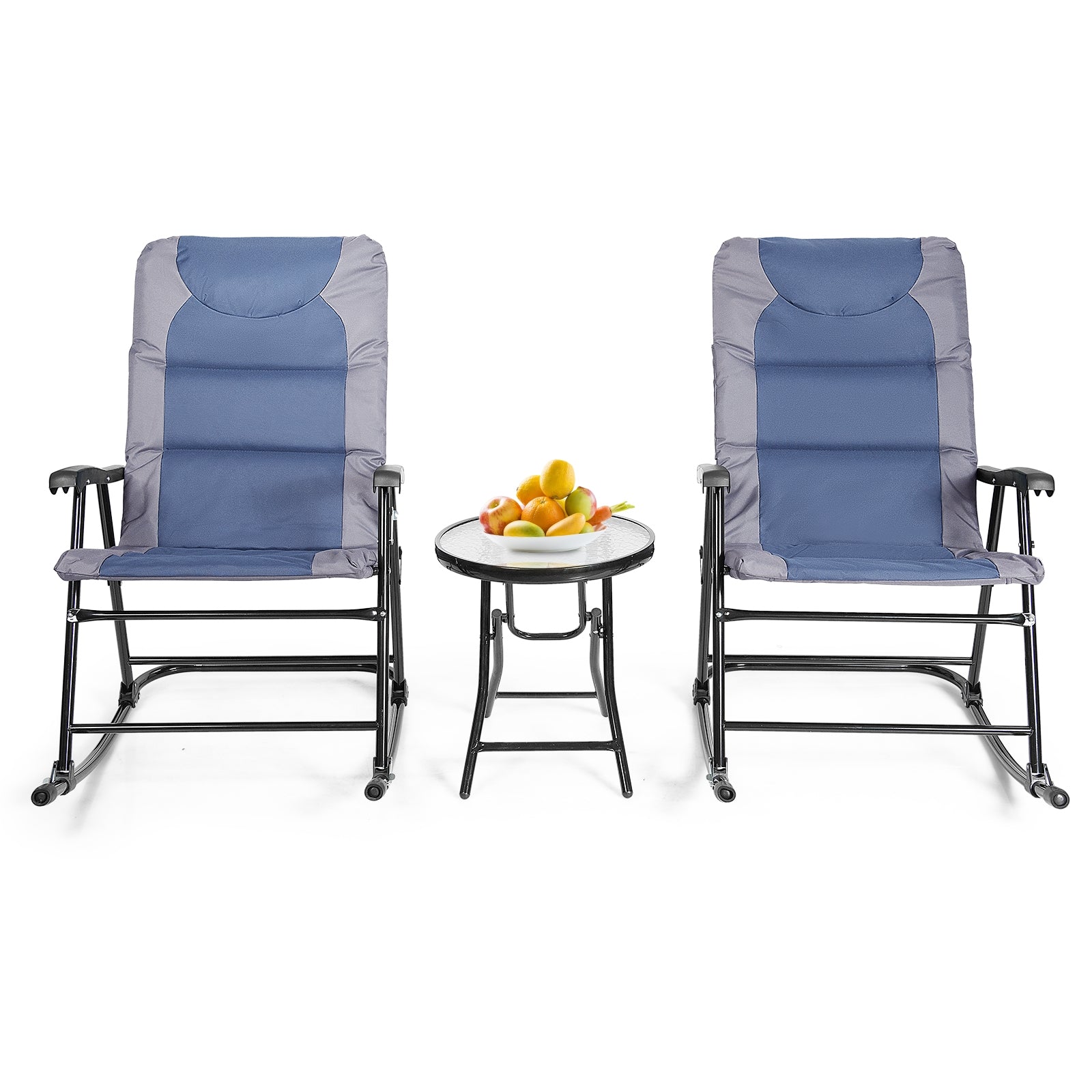 SUGIFT 3 Pieces Outdoor Folding Rocking Chair Table Set with Cushion
