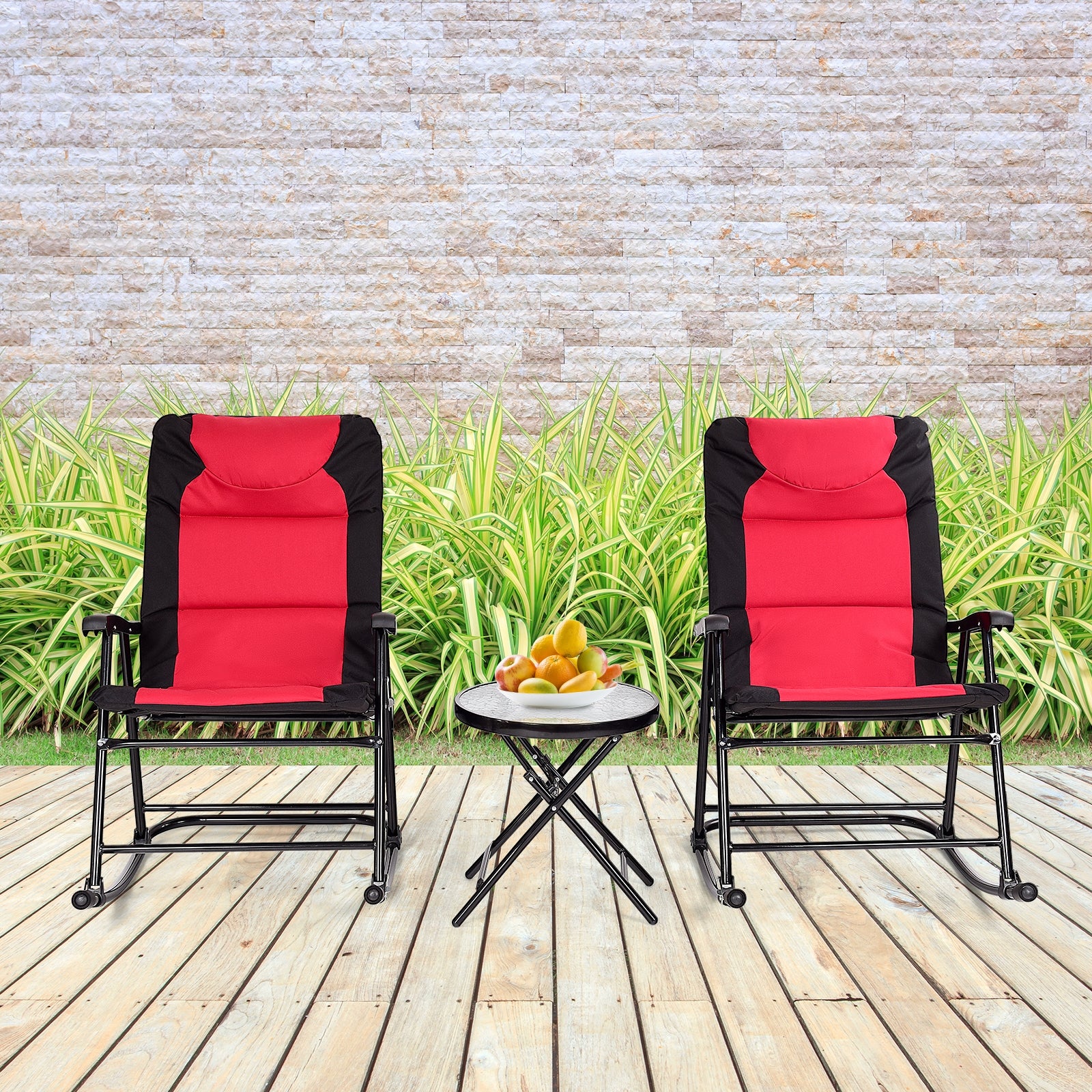 SUGIFT 3 Pieces Outdoor Folding Rocking Chair Table Set with Cushion