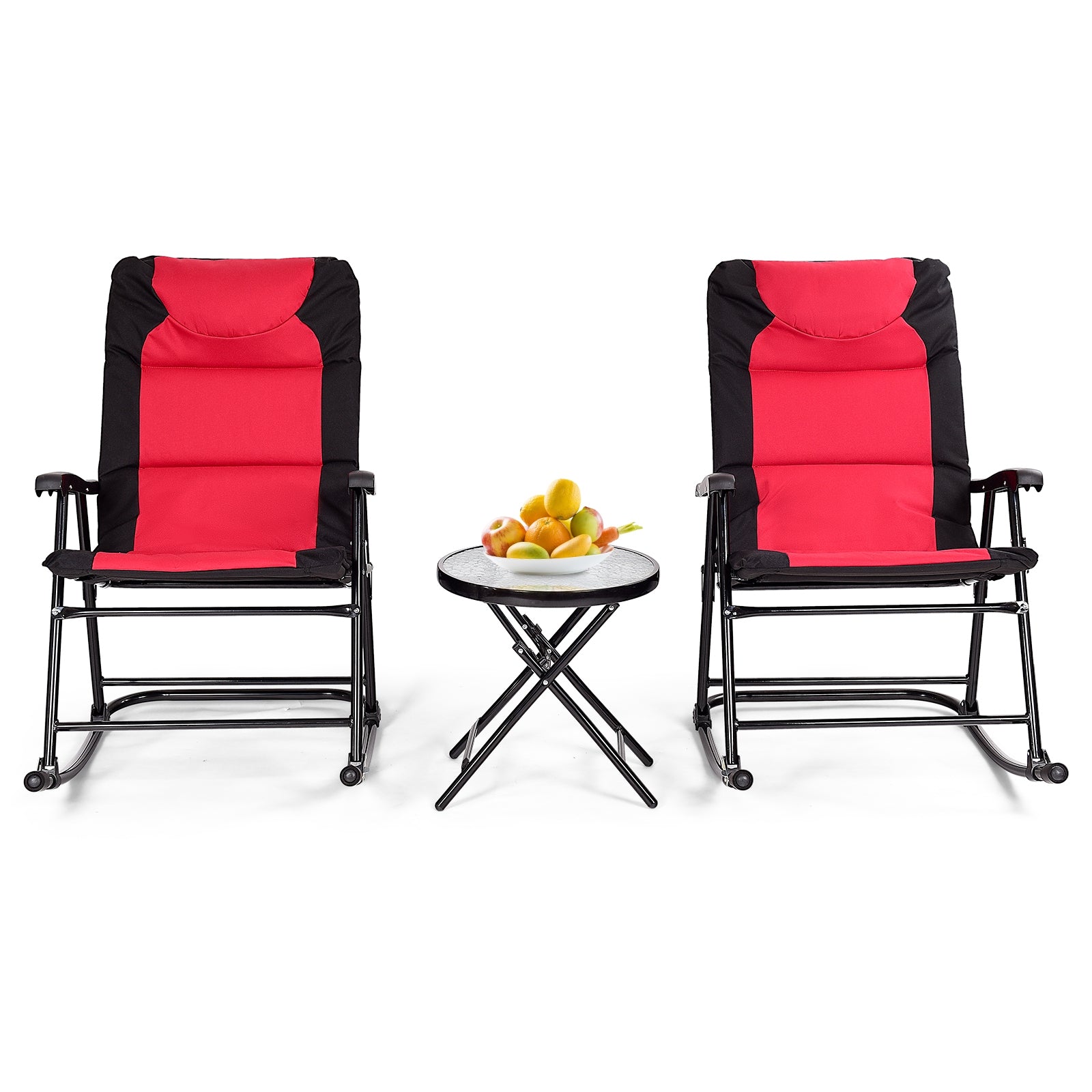 SUGIFT 3 Pieces Outdoor Folding Rocking Chair Table Set with Cushion