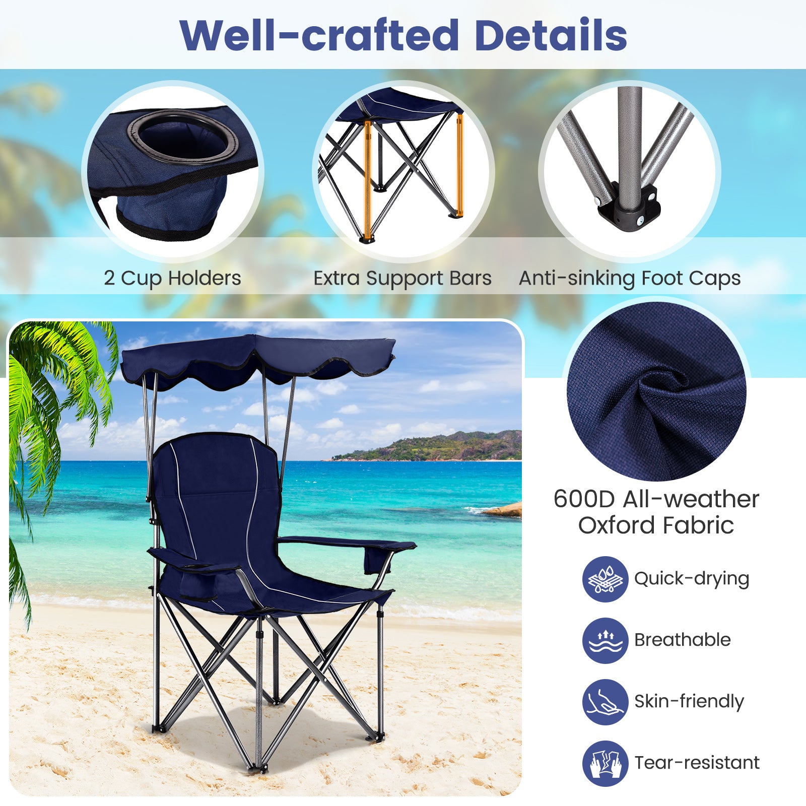 SUGIFT Portable Folding Beach Canopy Chair with Cup Holders