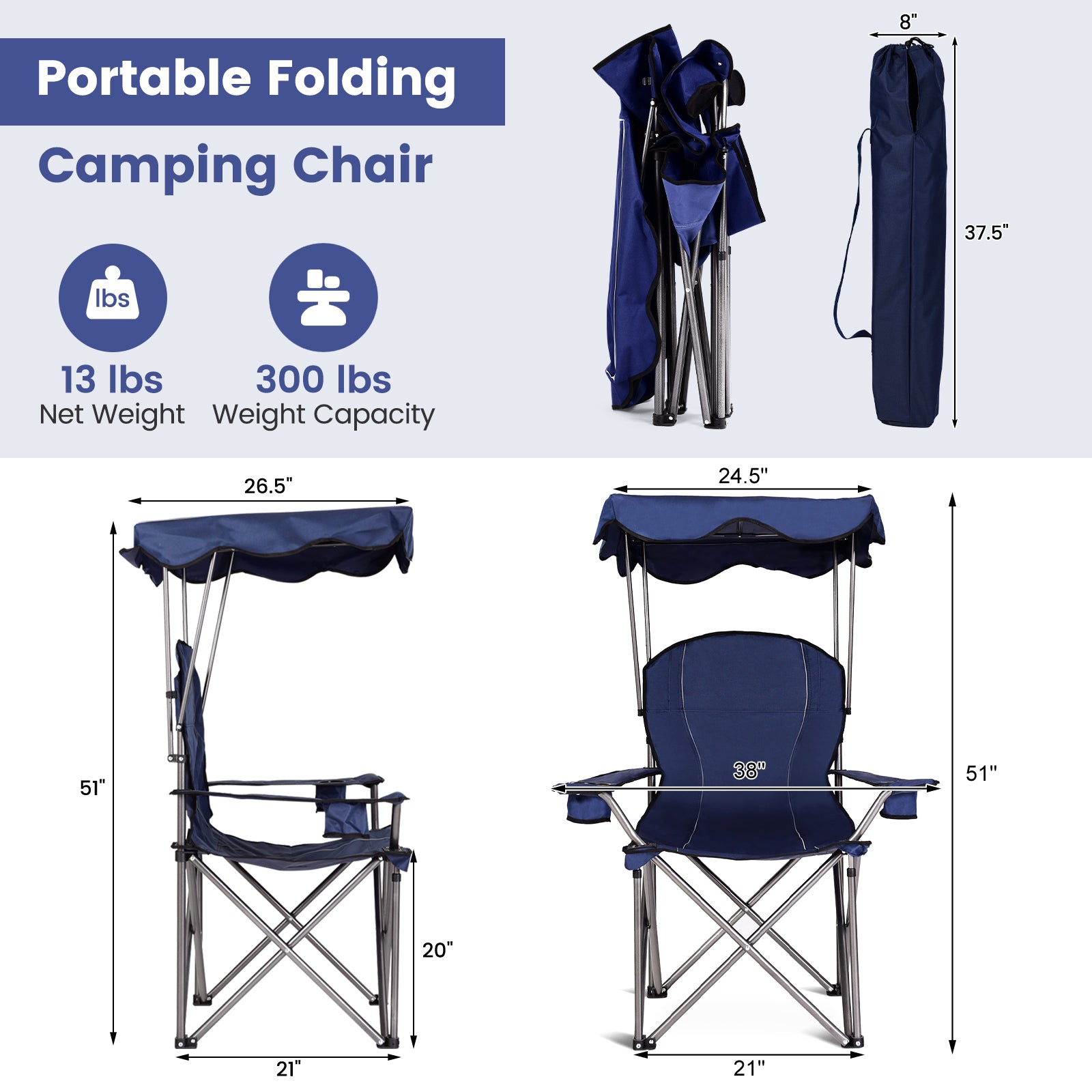 SUGIFT Portable Folding Beach Canopy Chair with Cup Holders