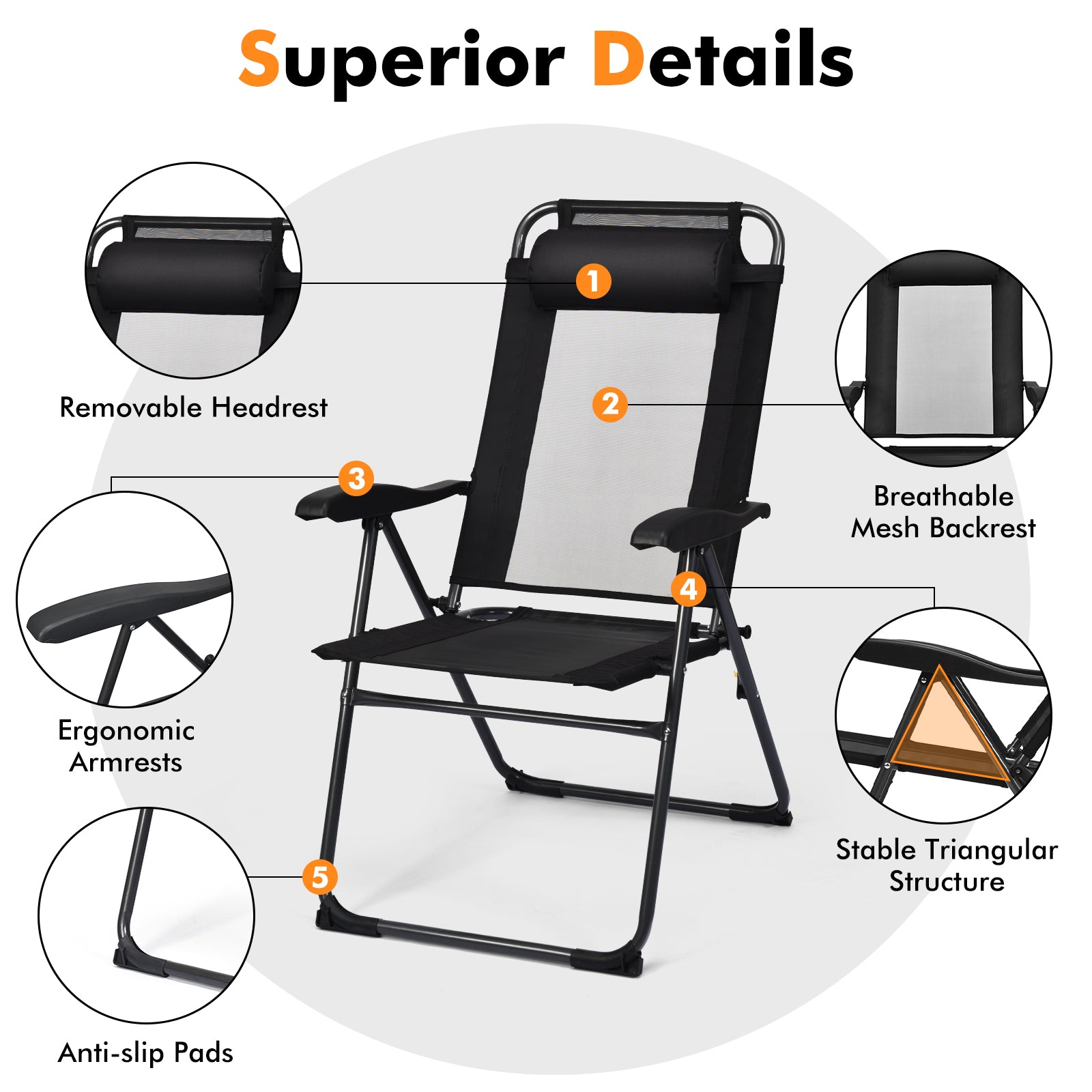 SUGIFT 2 Pieces Patio Adjustable Folding Recliner Chairs with 7 Level Adjustable Backrest
