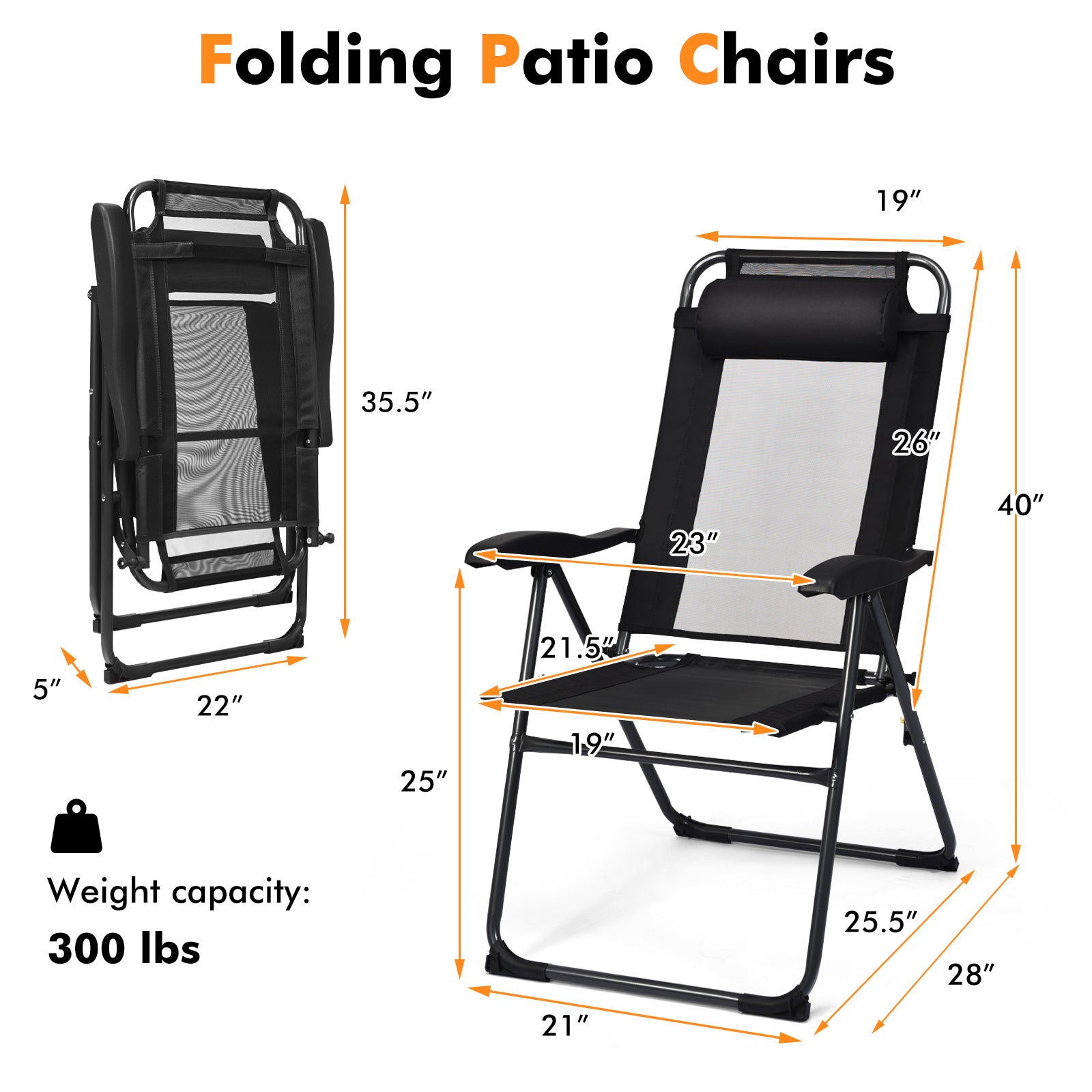 SUGIFT 2 Pieces Patio Adjustable Folding Recliner Chairs with 7 Level Adjustable Backrest