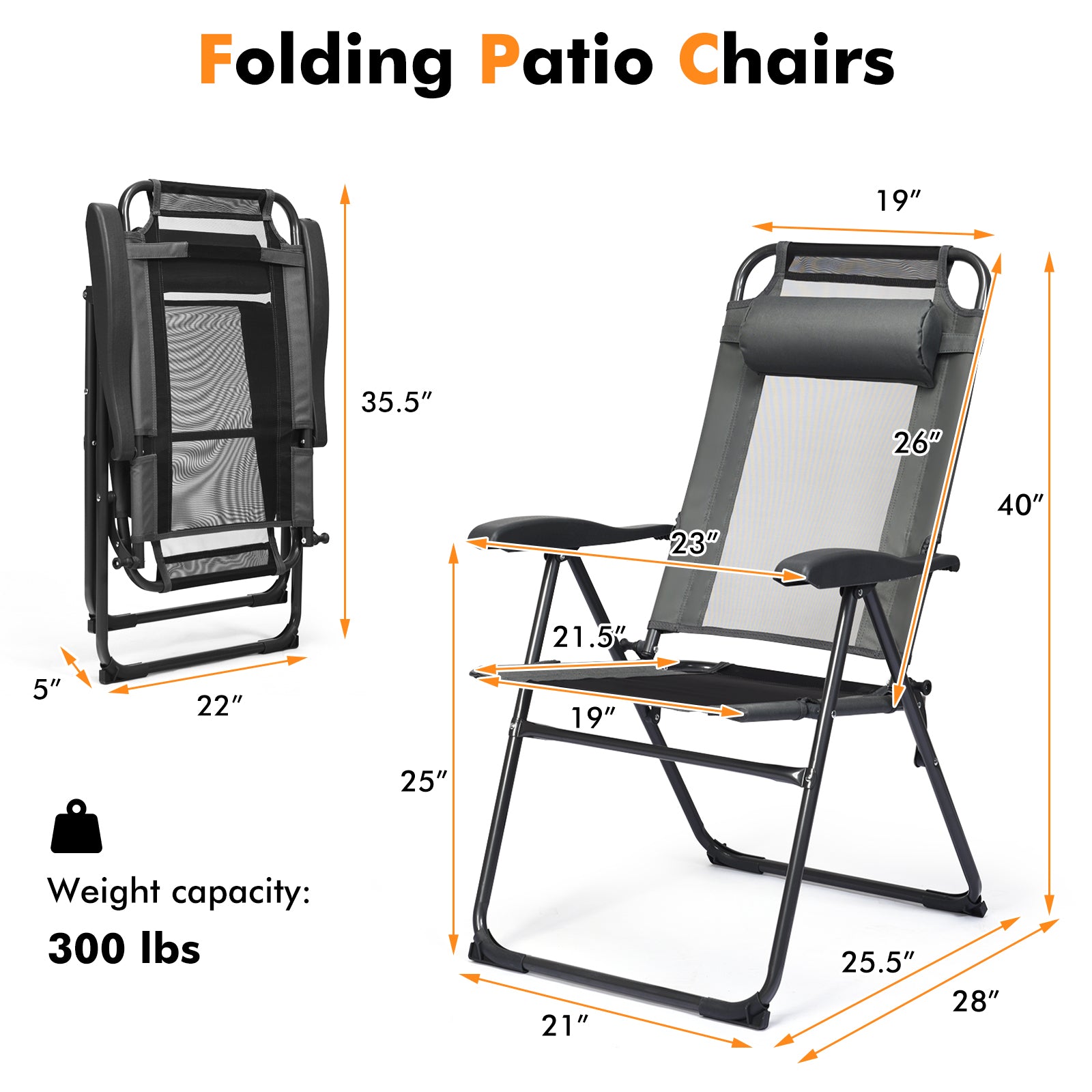 SUGIFT 2 Pieces Patio Adjustable Folding Recliner Chairs with 7 Level Adjustable Backrest