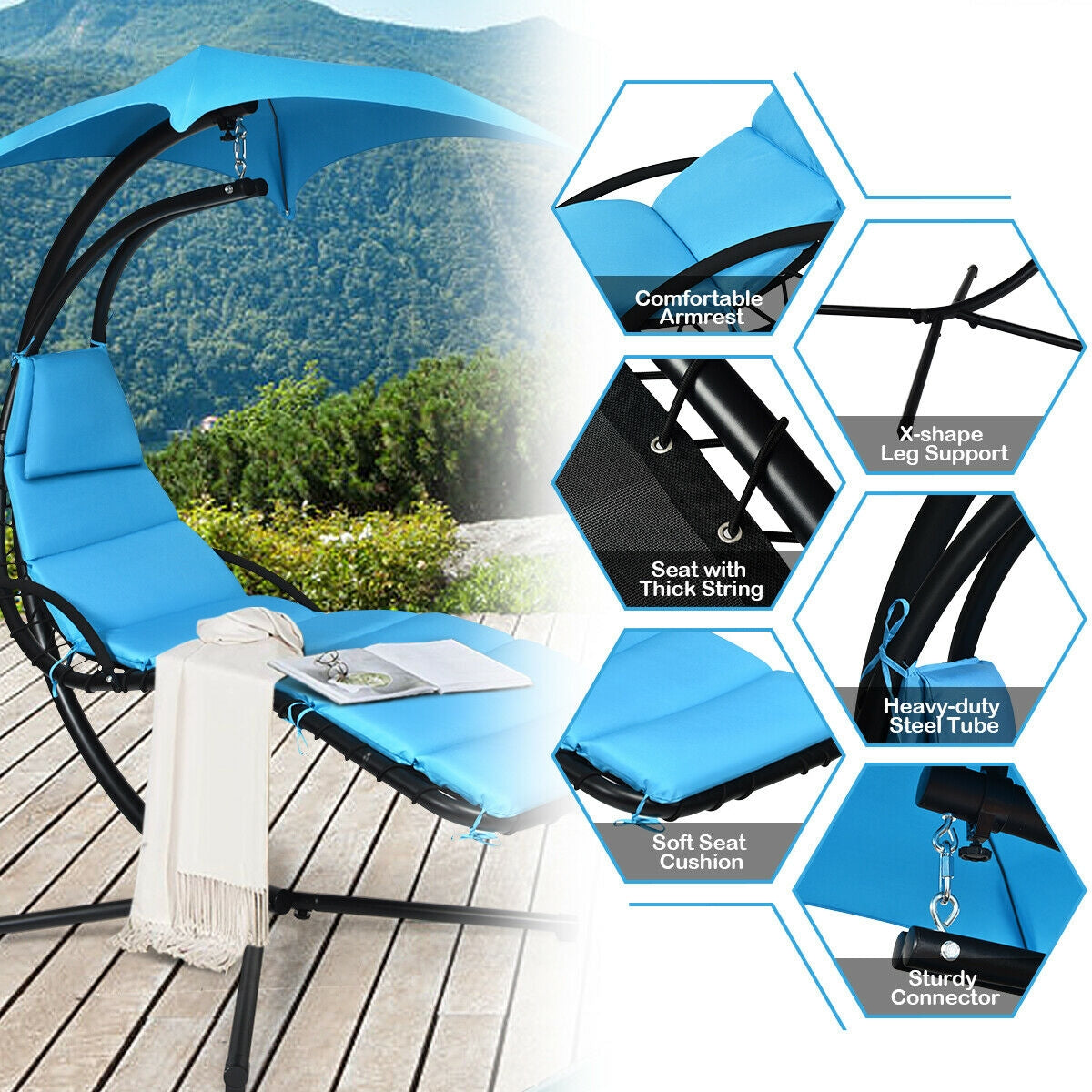 SUGIFT Hanging Chaise Lounger with Stand and Pillow for Outdoor