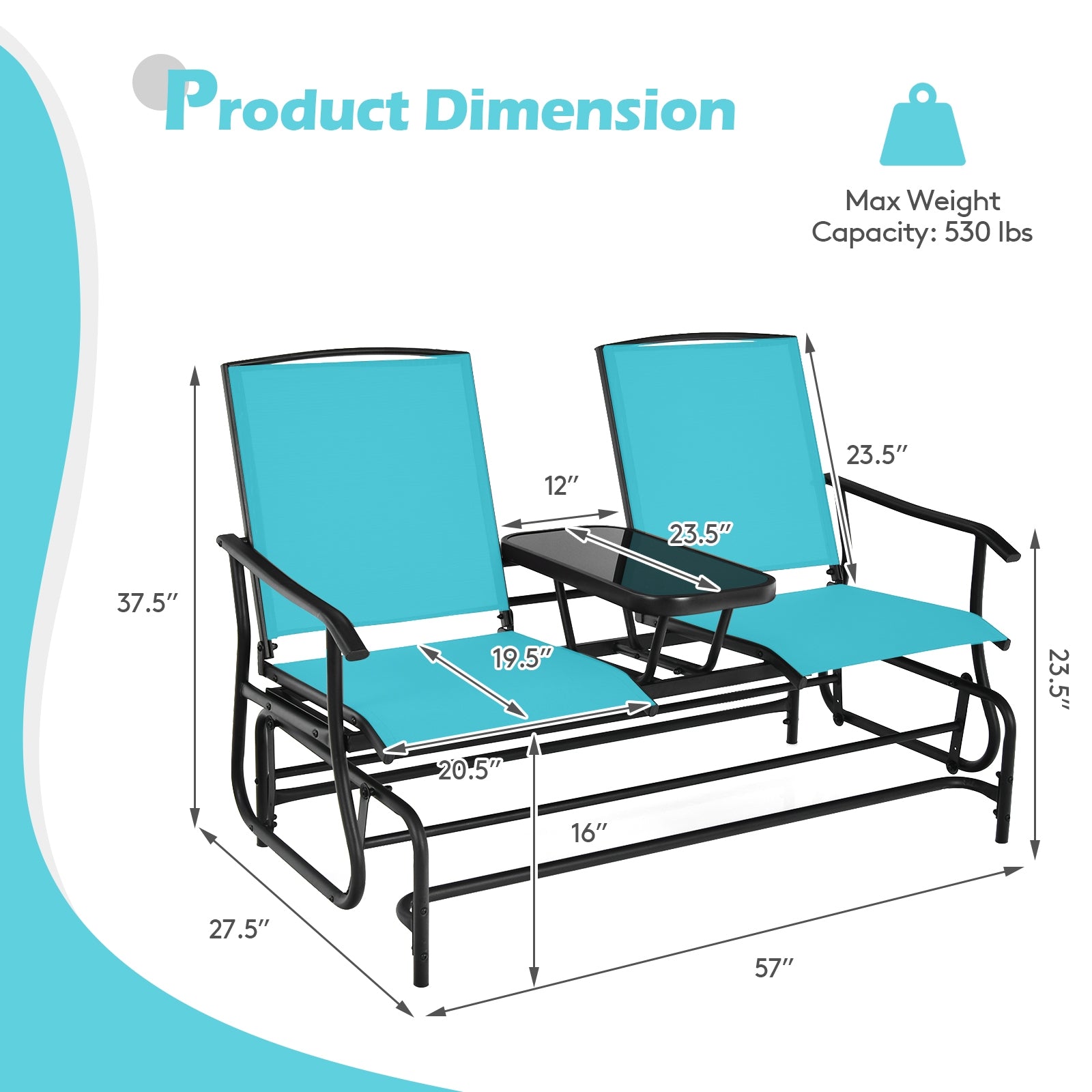 SUGIFT 2-Person Double Rocking Loveseat with Mesh Fabric and Center Tempered Glass Table
