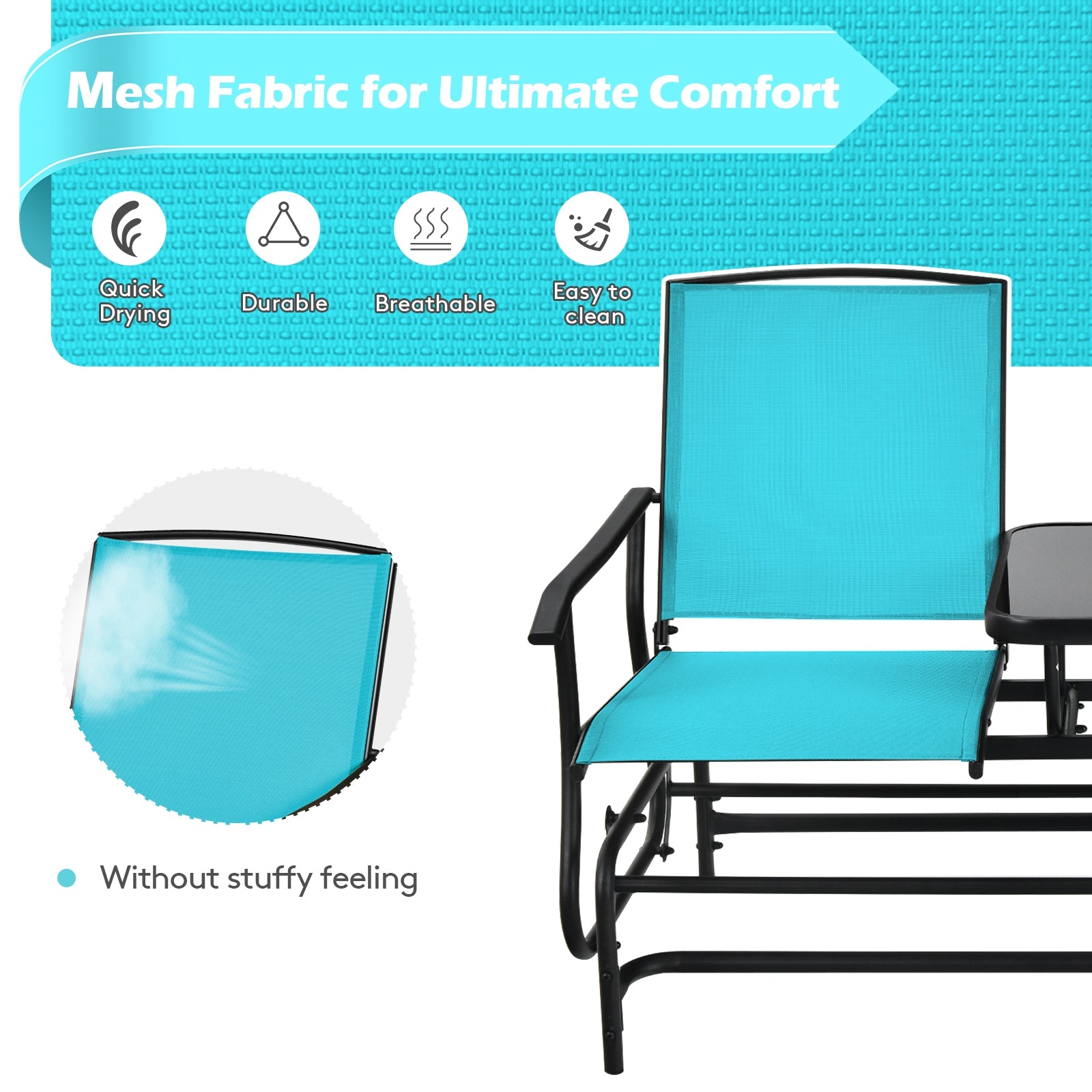 SUGIFT 2-Person Double Rocking Loveseat with Mesh Fabric and Center Tempered Glass Table