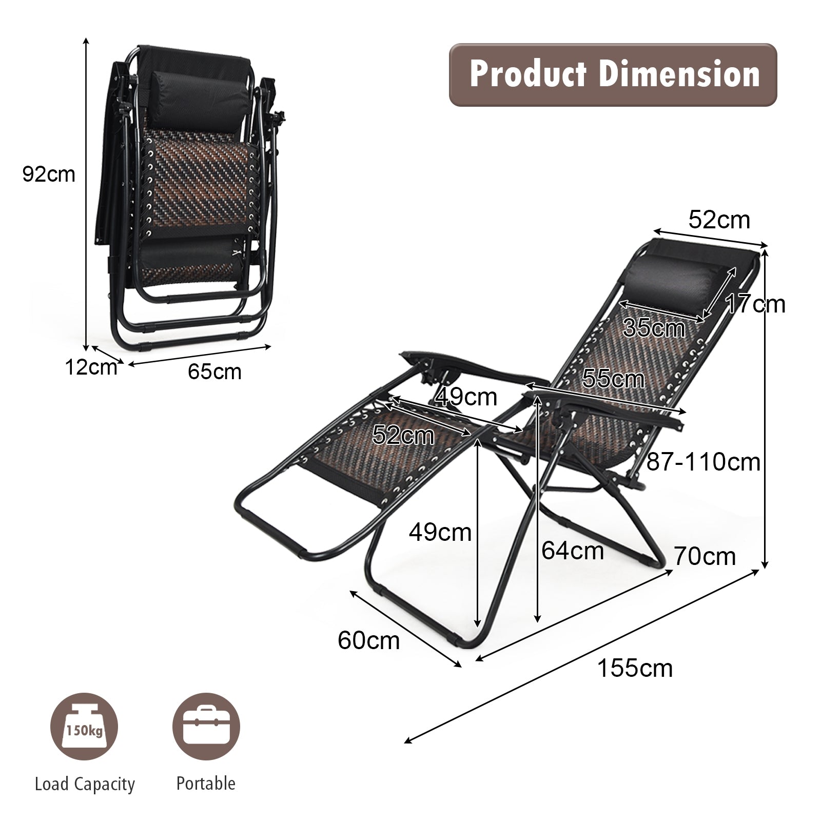 SUGIFT 2 Pieces Folding Patio Rattan Zero Gravity Lounge Chair