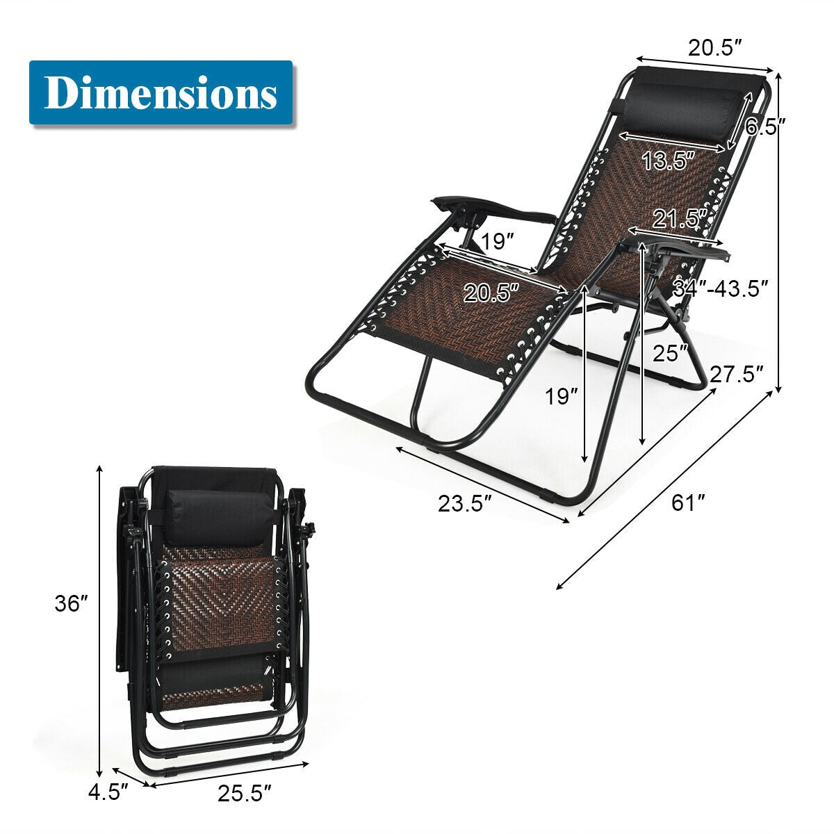 SUGIFT 2 Pieces Folding Patio Rattan Zero Gravity Lounge Chair