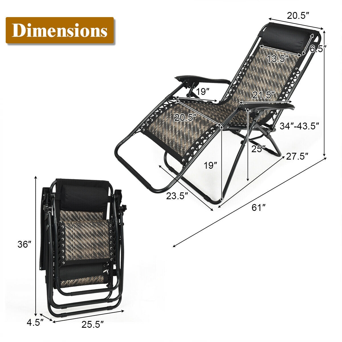 SUGIFT 2 Pieces Folding Patio Rattan Zero Gravity Lounge Chair