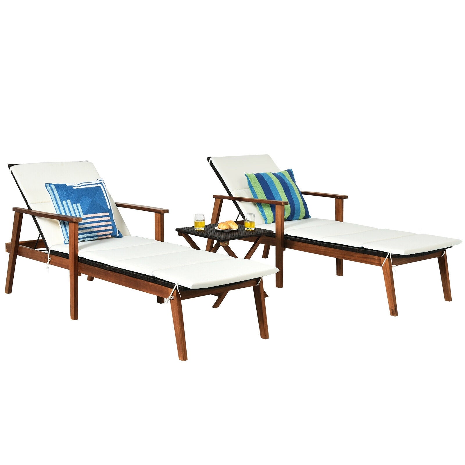 3 Pieces Portable Patio Cushioned Rattan Lounge Chair Set with Folding Table-White