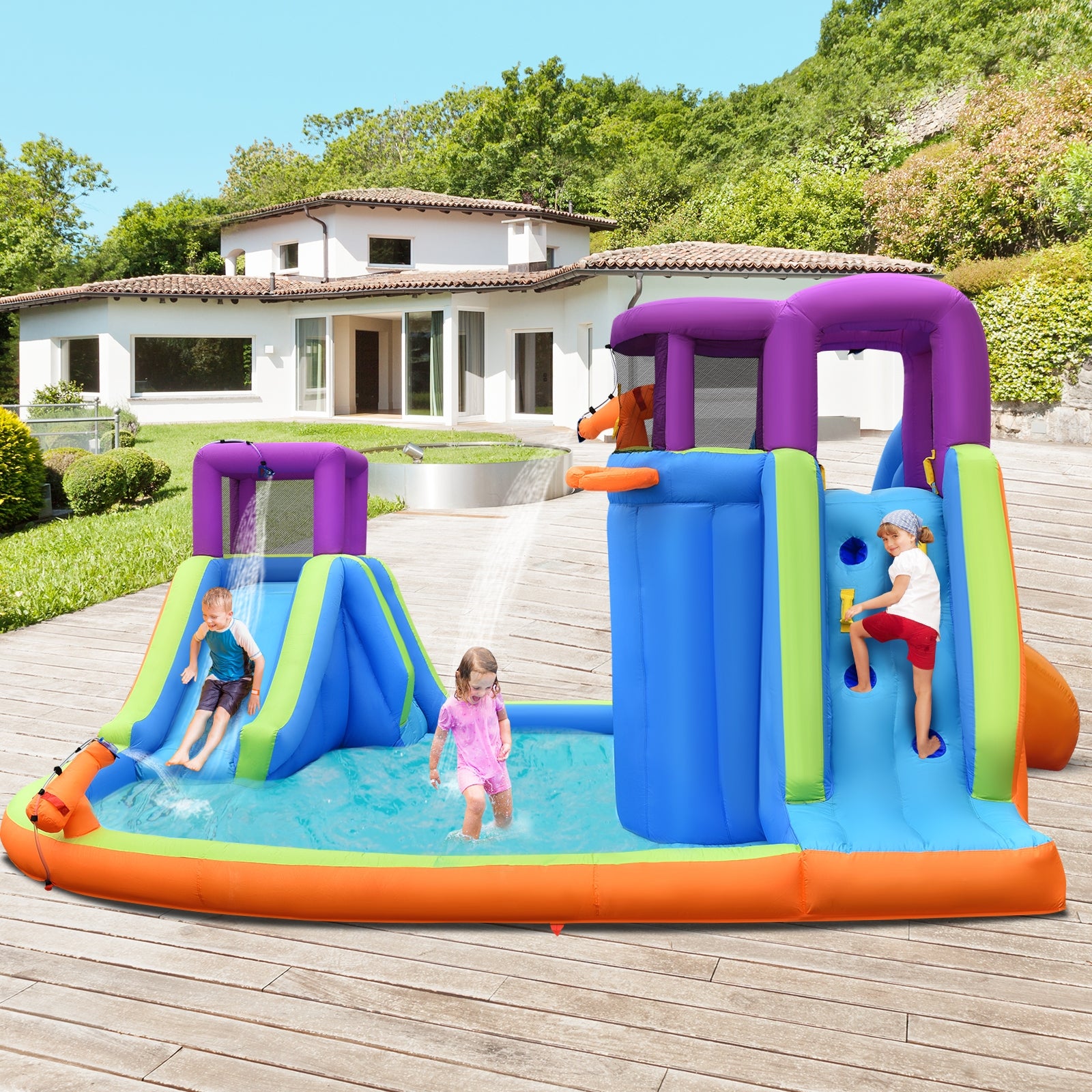 SUGIFT 6-in-1 Inflatable Dual Water Slide Bounce House Without Blower
