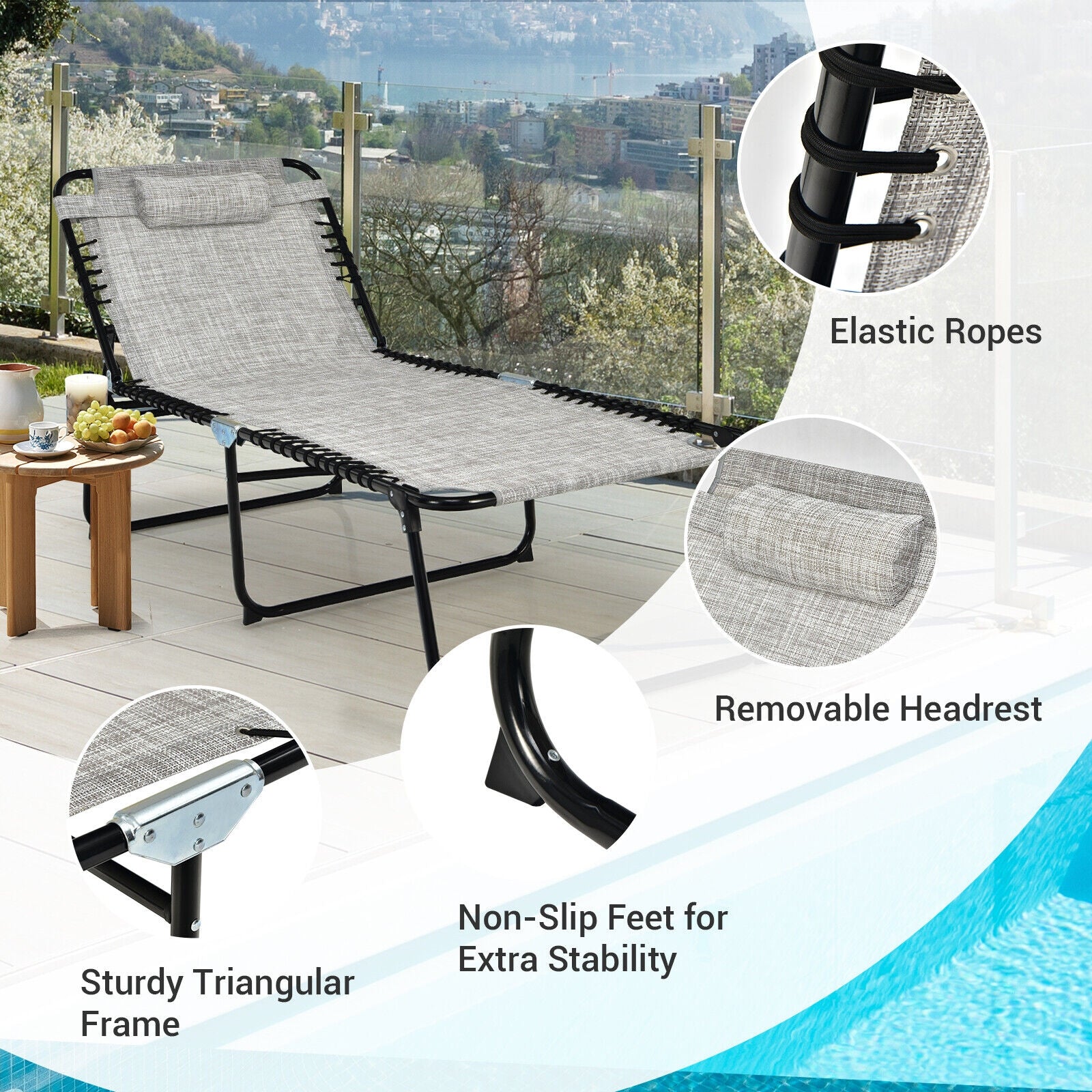 SUGIFT 4 Position Folding Lounge Chaise with Adjustable Backrest and Footrest
