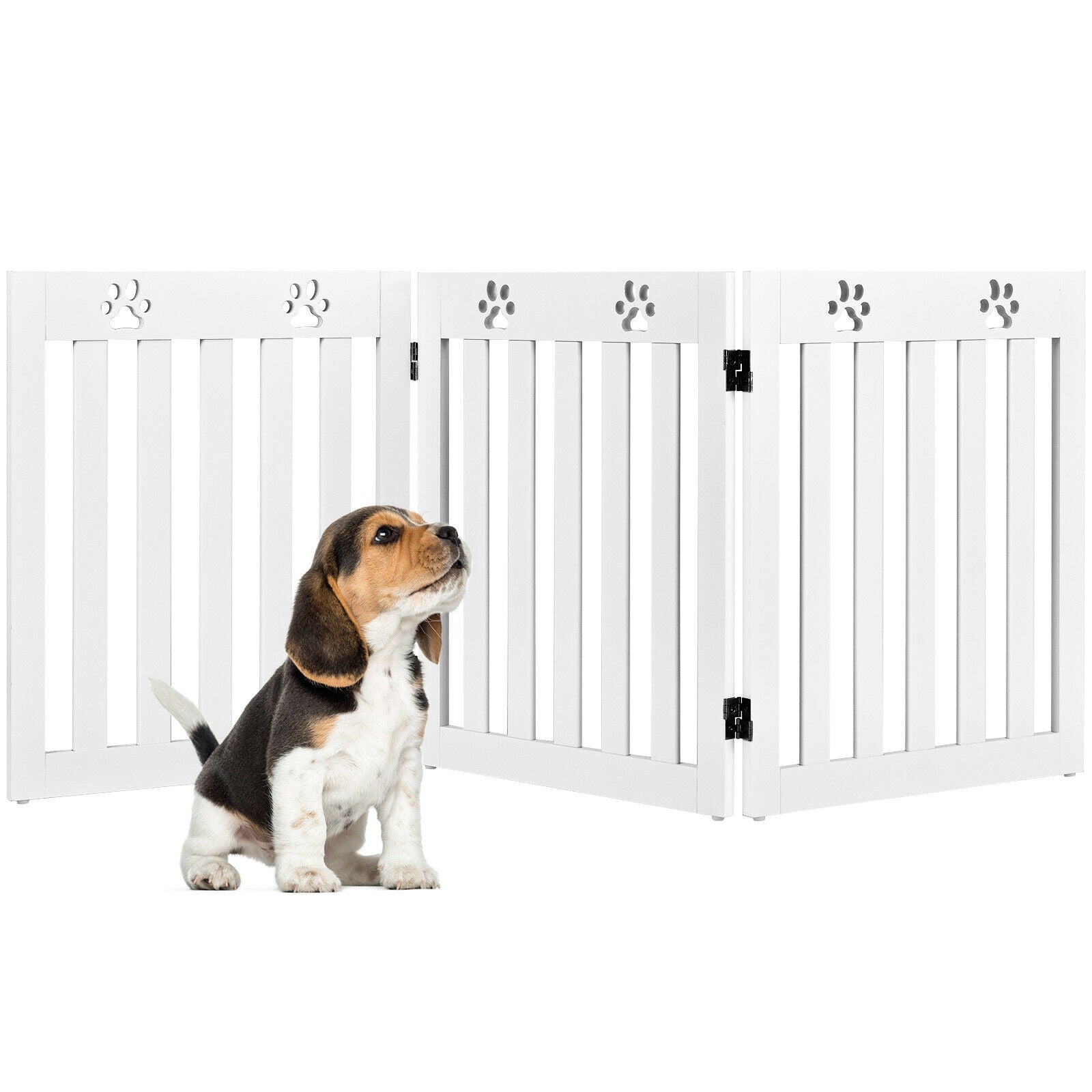 24 Inch Folding Wooden Freestanding Dog Gate with Flexible Hinge for Pet-White