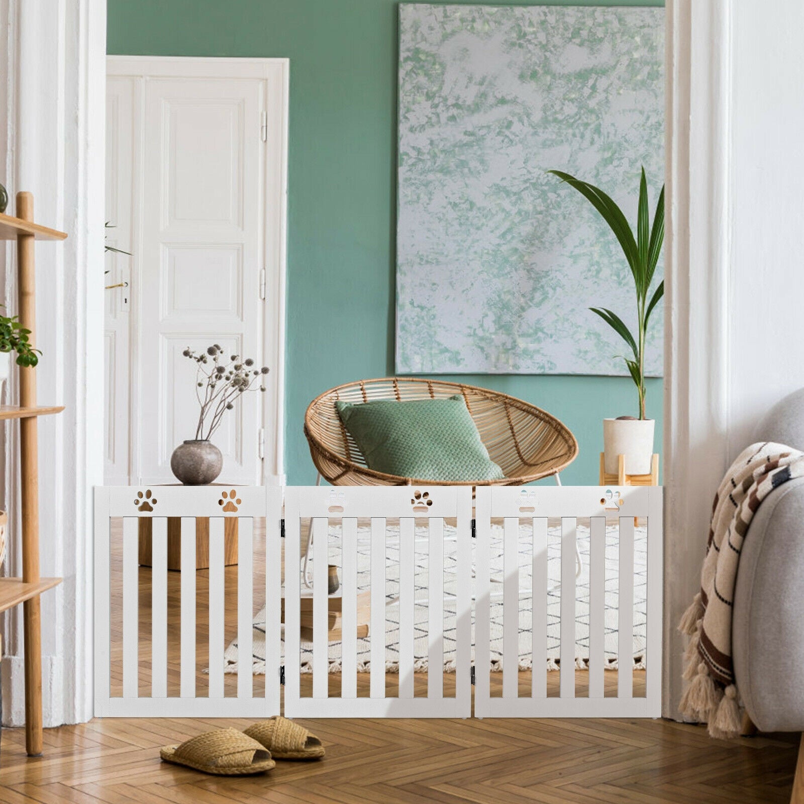 24 Inch Folding Wooden Freestanding Dog Gate with Flexible Hinge for Pet-White